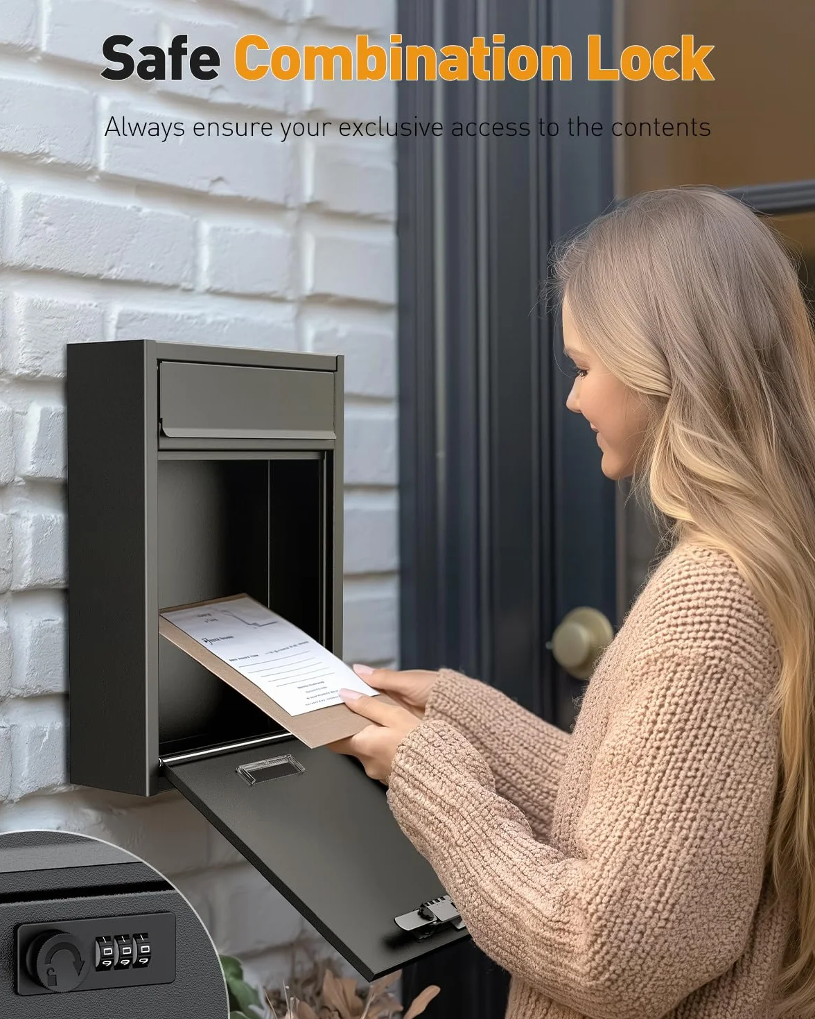 Uniclife Buzón de pared para exterior, gran compartimento de almacenamiento con cerradura de combinación, cierre de seguridad para casa, caja de seguridad, caja de correo, caja de acero para casa