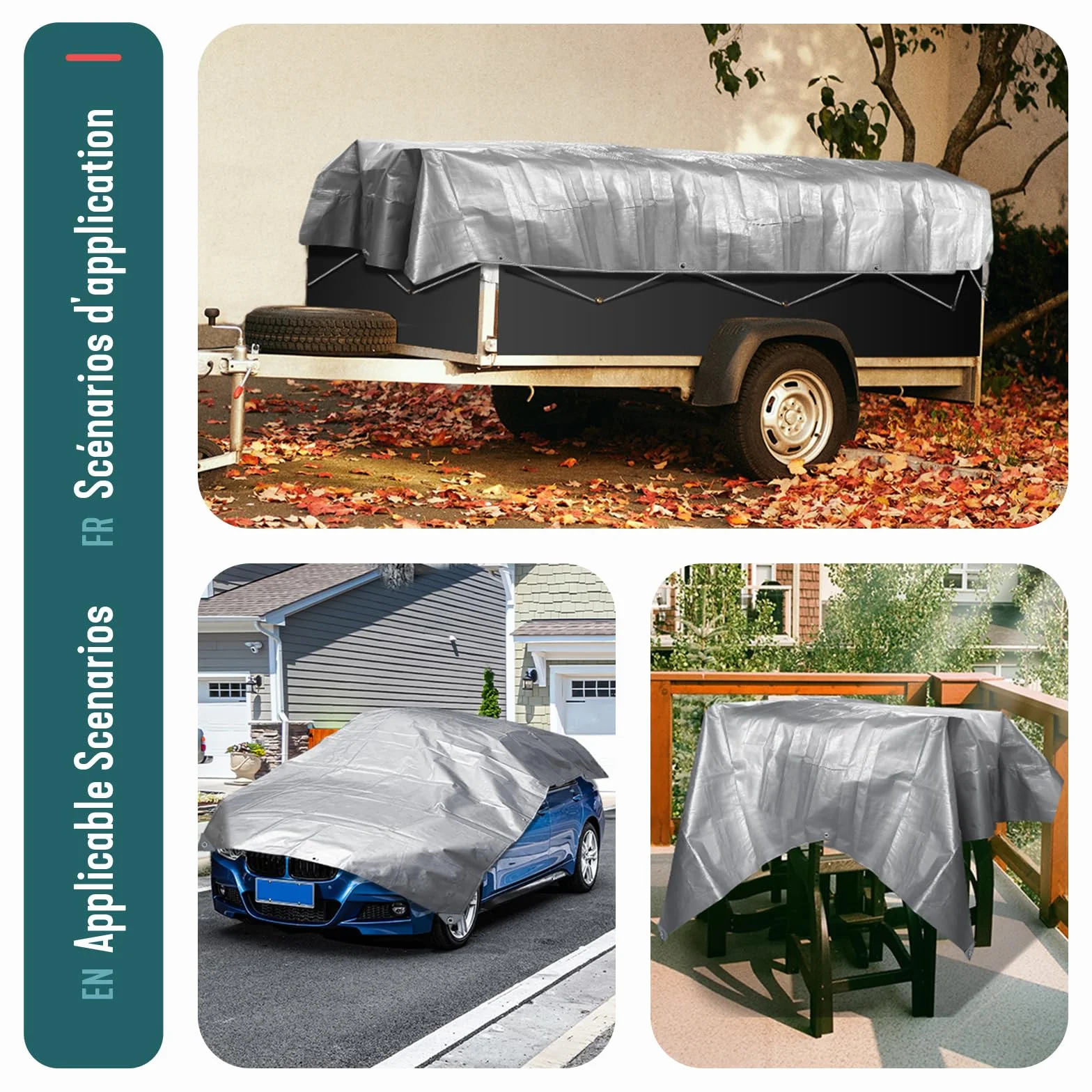 VOUNOT® Lona Impermeable Exterior 3x4m, Toldo Reforzado PE 180 g/m² Protección UV, Ojales Acero Inoxidable, Gris-Negro