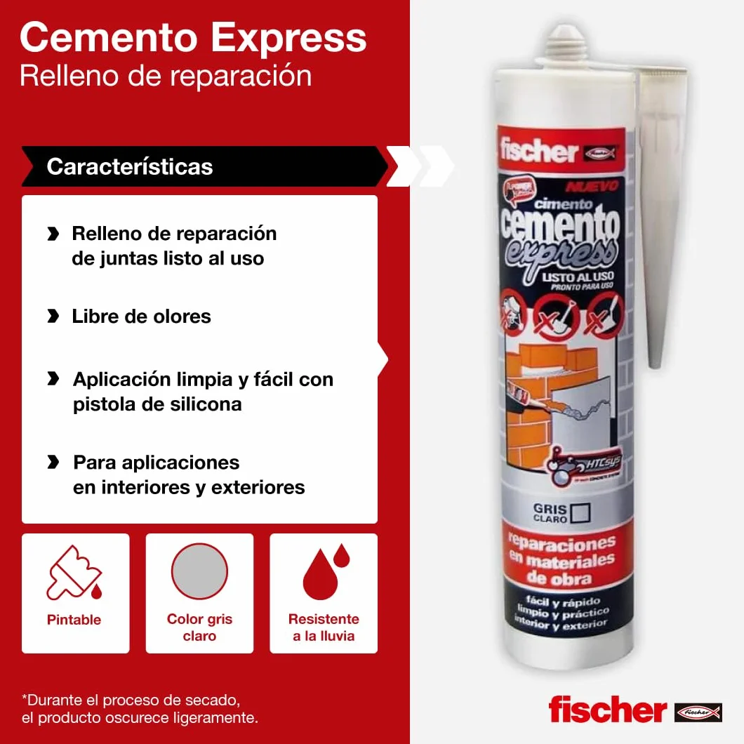 fischer - Cemento Express 310ml Gris Claro | Relleno de Reparación de Juntas | Uso Interior y Exterior | Aplicación Fácil con Pistola de Silicona | Resistente a la Lluvia, Multicolor, 310 ml