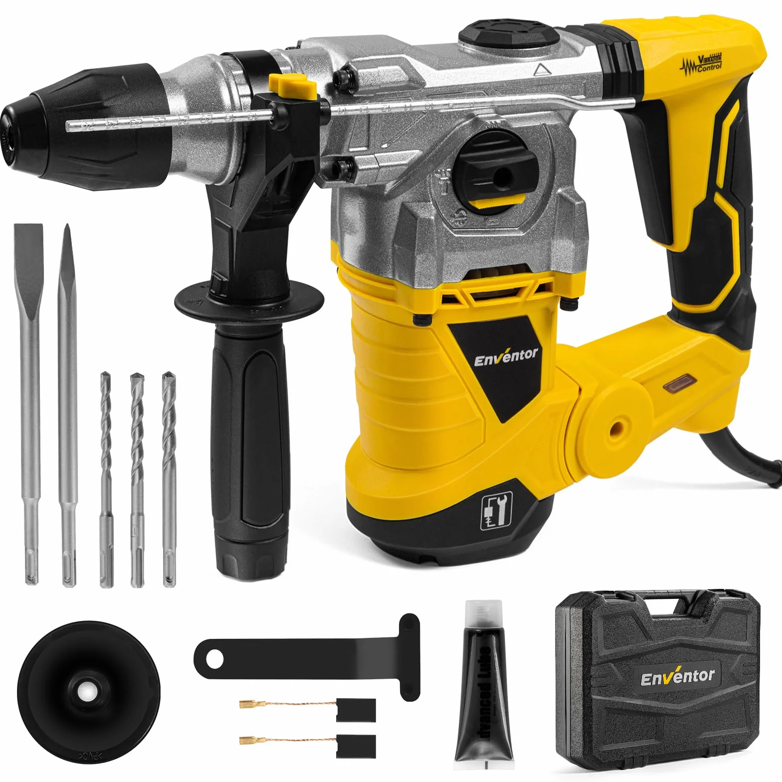Enventor Martillo Perforador, 1500W Martillo Demoledor, Martillo Percutor con SDS-Plus Mandril, 4500BPM, 6J, 850RPM, 4 Funciones, Control de Vibración, para Concreto, Metal y Madera