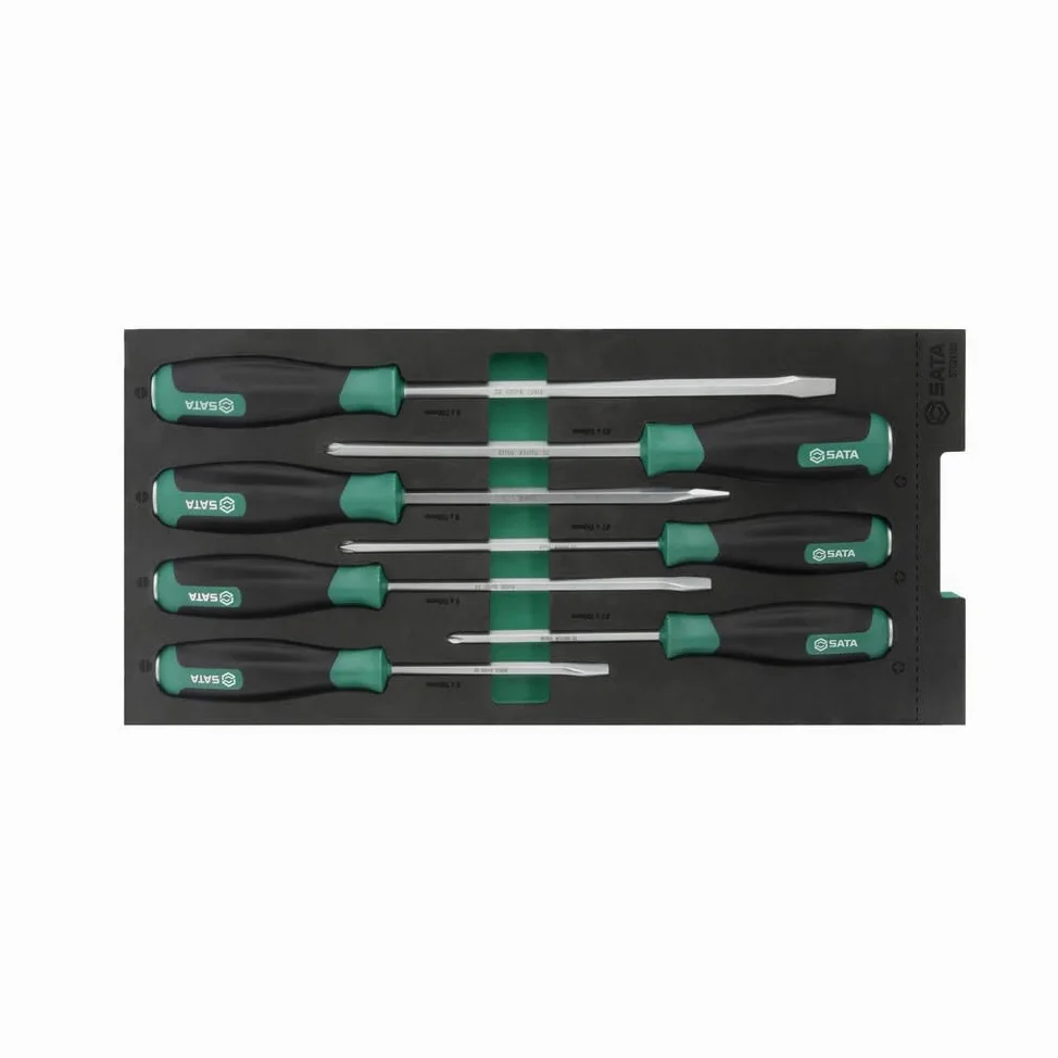 SATA ST09919G - Juego de destornilladores (7 piezas, 400 x 187 mm, cuchillas de acero de alto rendimiento, mango de metal con tapa de impacto, mango ergonómico y suave)