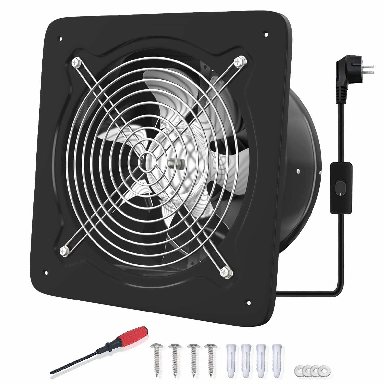 FanGoFast Extractor de Aire 150mm Ventilador de Baño 525m³/h Silencioso con Aleta de Retorno Potente Ventilador Metálico de Pared con Enchufe EU para Cocina Garaje Sótano (Negro, 150mm)