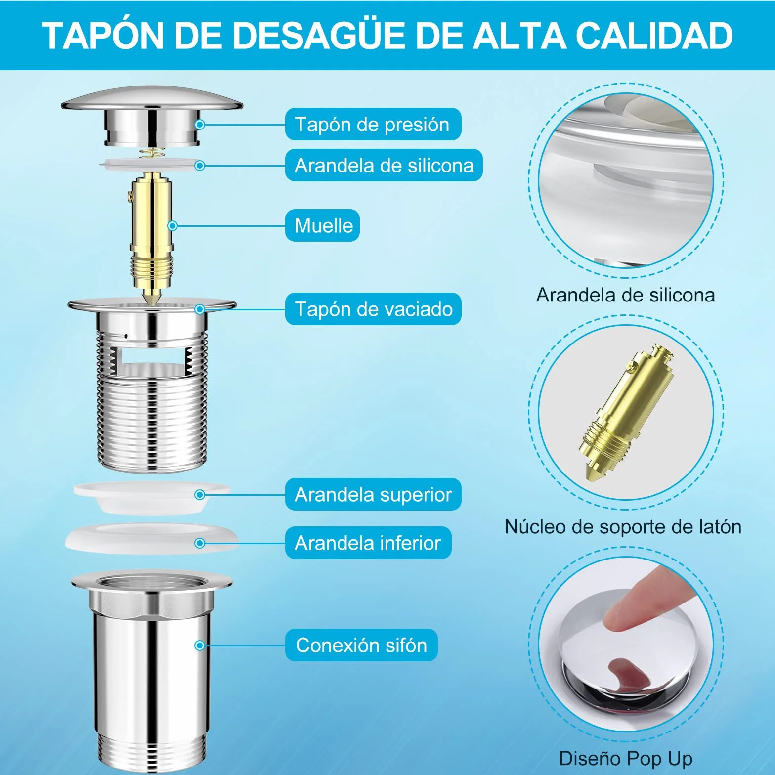 Linkax Tapón Universal G1 1/4" Click Clack Desagüe Lavabo Válvula Baño Inodoro Rebosadero Plata 41-53mm