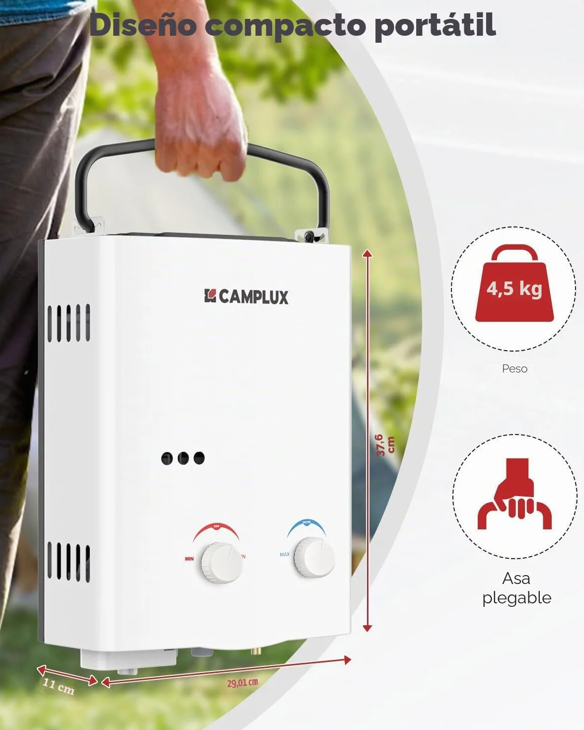 Camplux AY132 Calentador de Agua a Gas Portátil 5L/min 10kW LPG