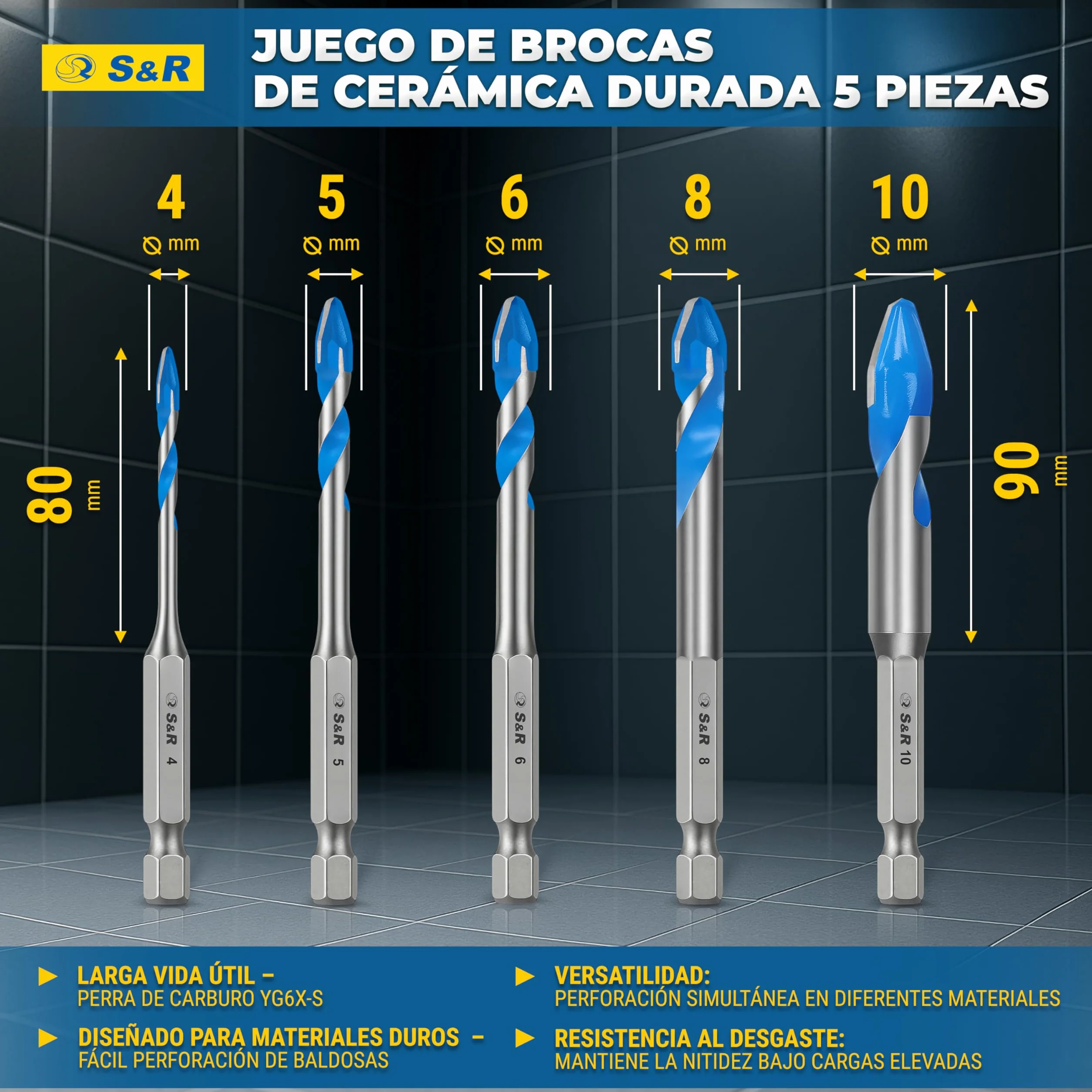 S&R Juego de Broca Azulejos Porcelanico Cerámica dura - Broca 4/5/6/8/10 mm - Broca para Porcelanico Azulejos Céramica Mármol Granito Vidrio. Brocas de Vástago hexagonal de 1/4
