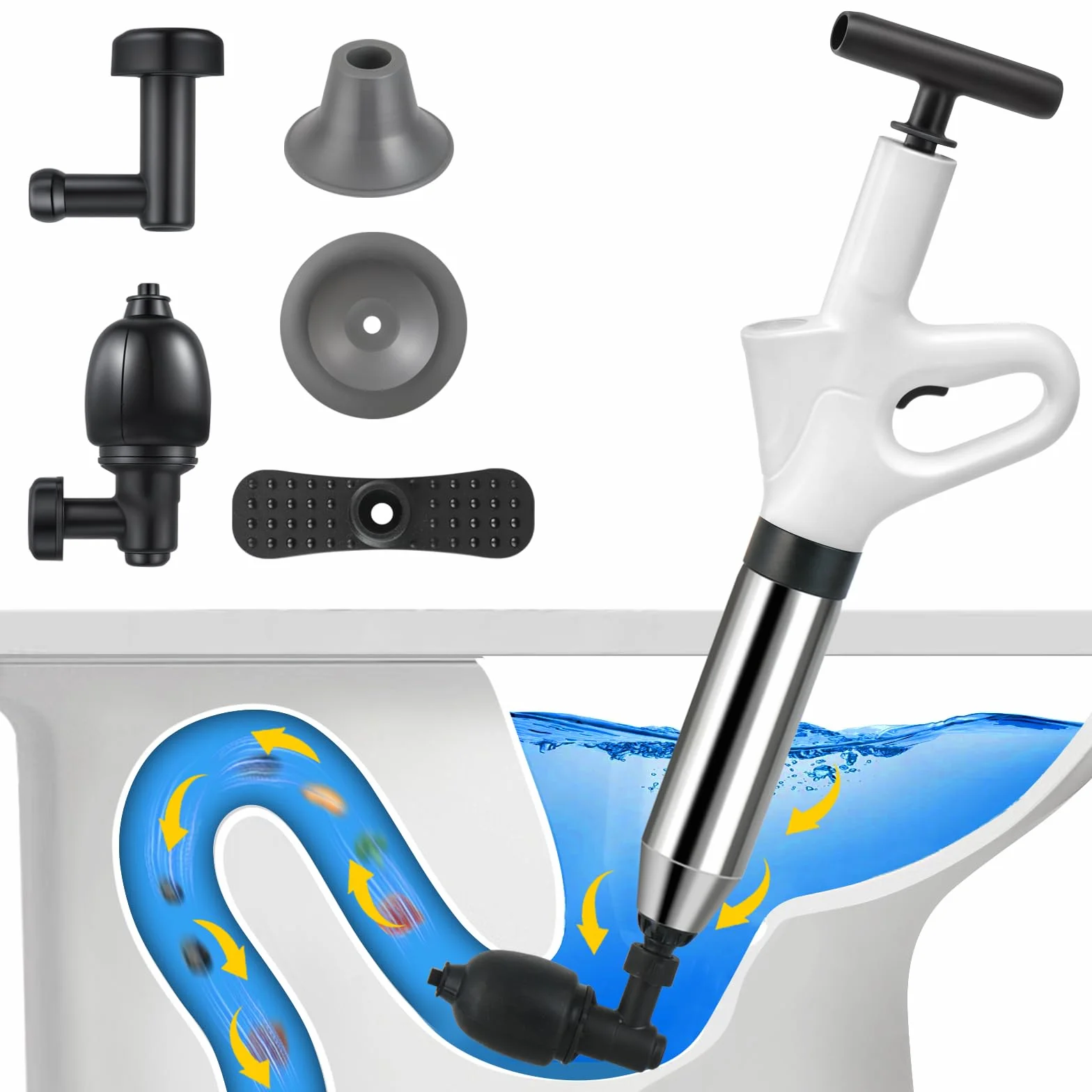 Desatascador de Tuberías con Aire Comprimido, Desatascador de Inodoro con Barómetro, Desatascador Tuberias a Presion con 4 Cabezas de Pistón e Inflador para Inodoro, Lavabo, Bañera