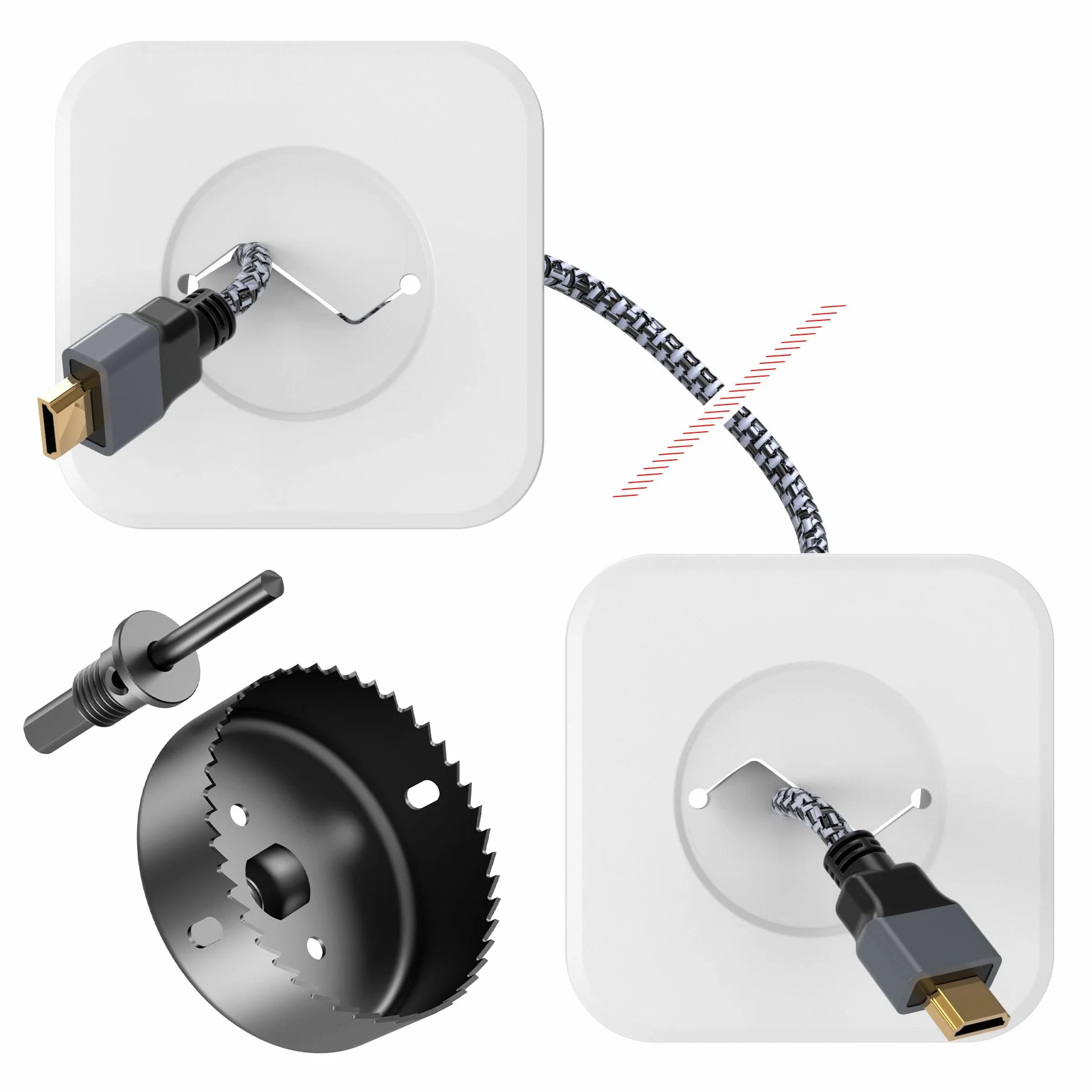 HomeMount Pasacables TV Pared Empotrado Ø76 mm con Sierra de Corona, Juego de 2 Ocultacables TV para HDMI y Alimentación, Ocultar Cables TV y Lograr Pared Limpia y Ordenada (Blanco)