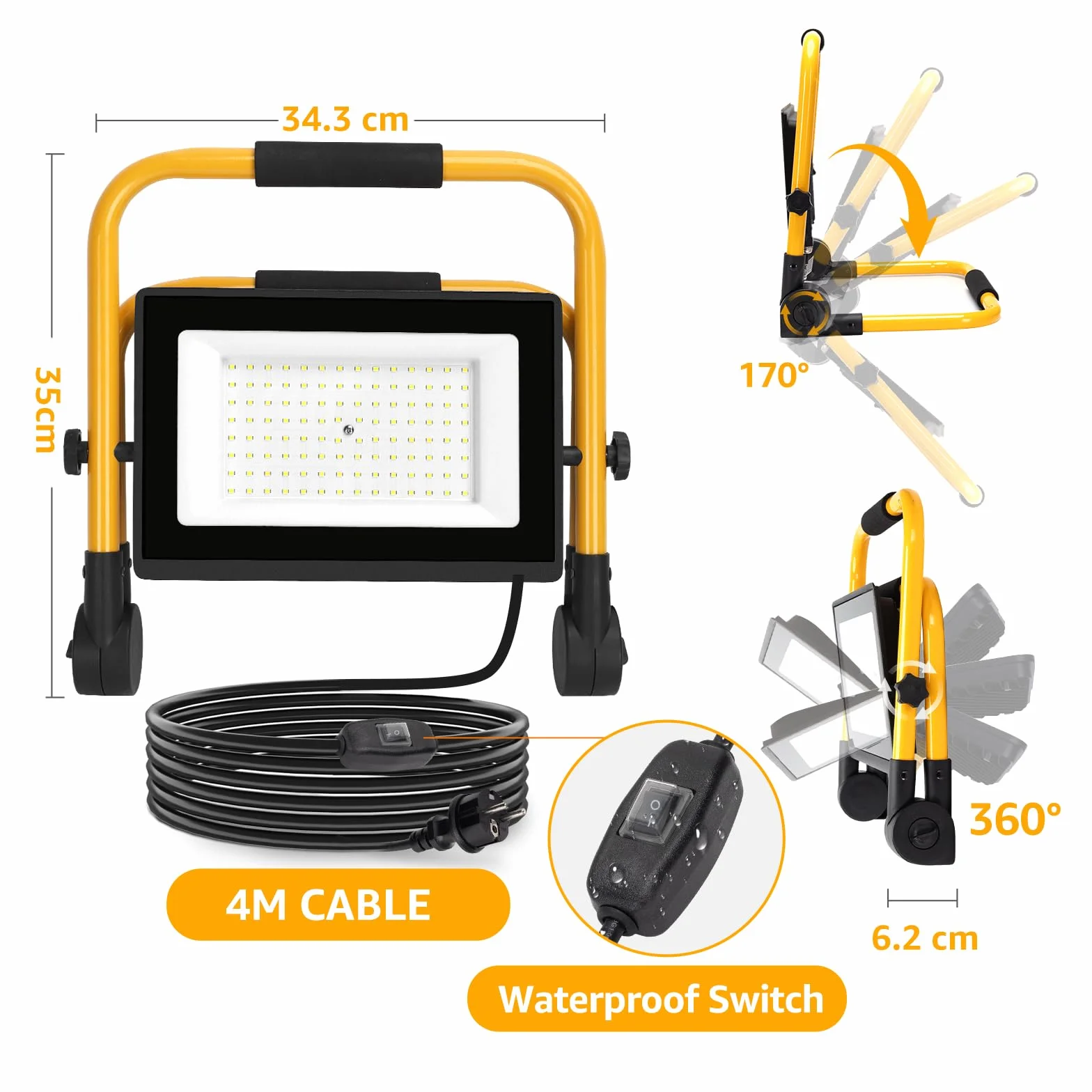 Aigostar Foco de Trabajo LED 100W con Cable de 4M，Foco LED Portáti Enchufes Con Interruptor Estanco，IP65 Impermeable，Soporte plegable，Uso en Interior y Exterior，para Obra， Taller，6500K