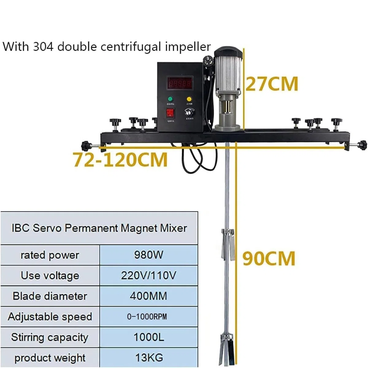 Mezclador de Pintura IBC 980W, agitador de Acero Inoxidable Ajustable de 720-1200mm con Impulsor, agitador de Tanque de Velocidad Variable para Recubrimiento, Pegamento, Mezcla de Cemento