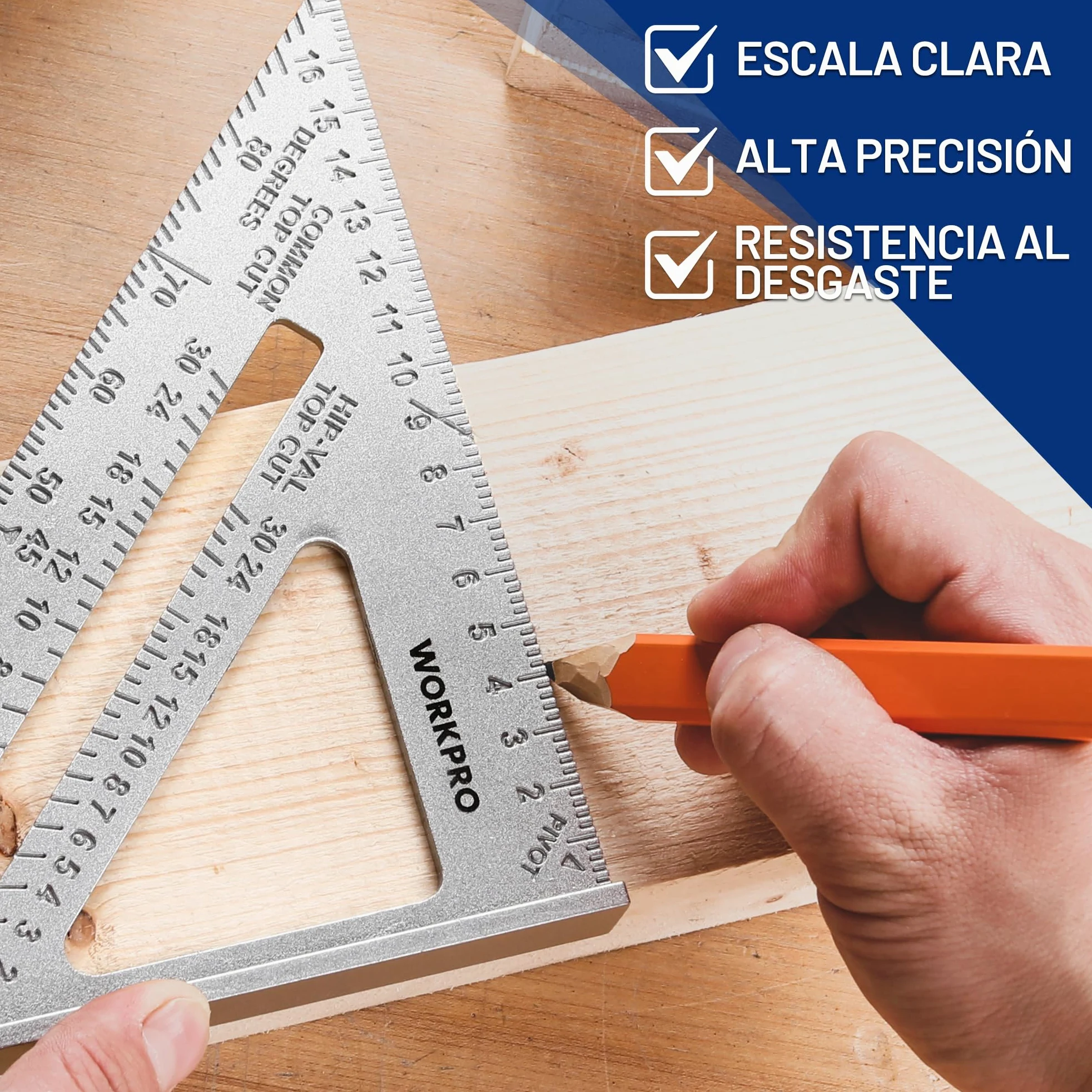 WORKPRO Escuadra de Carpintería 180mm, Regla de Triángulo, Herramienta de Medición para Carpintero, Escuadras para Carpintería Métrica, Cuadrado de Carpintero de Aleación de Aluminio