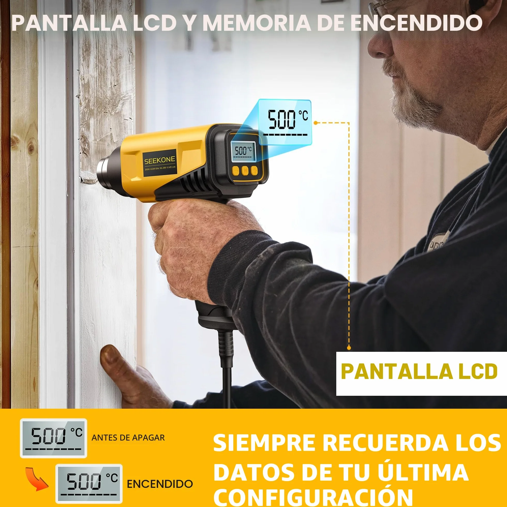 SEEKONE Pistola de Aire Caliente de 2000W con Pantalla LCD Digital, 50℃-650℃ Diseño Compacto y Temperatura de Flujo de Aire Ajustable, con Protección de Sobrecarga y Ideal para Manualidades