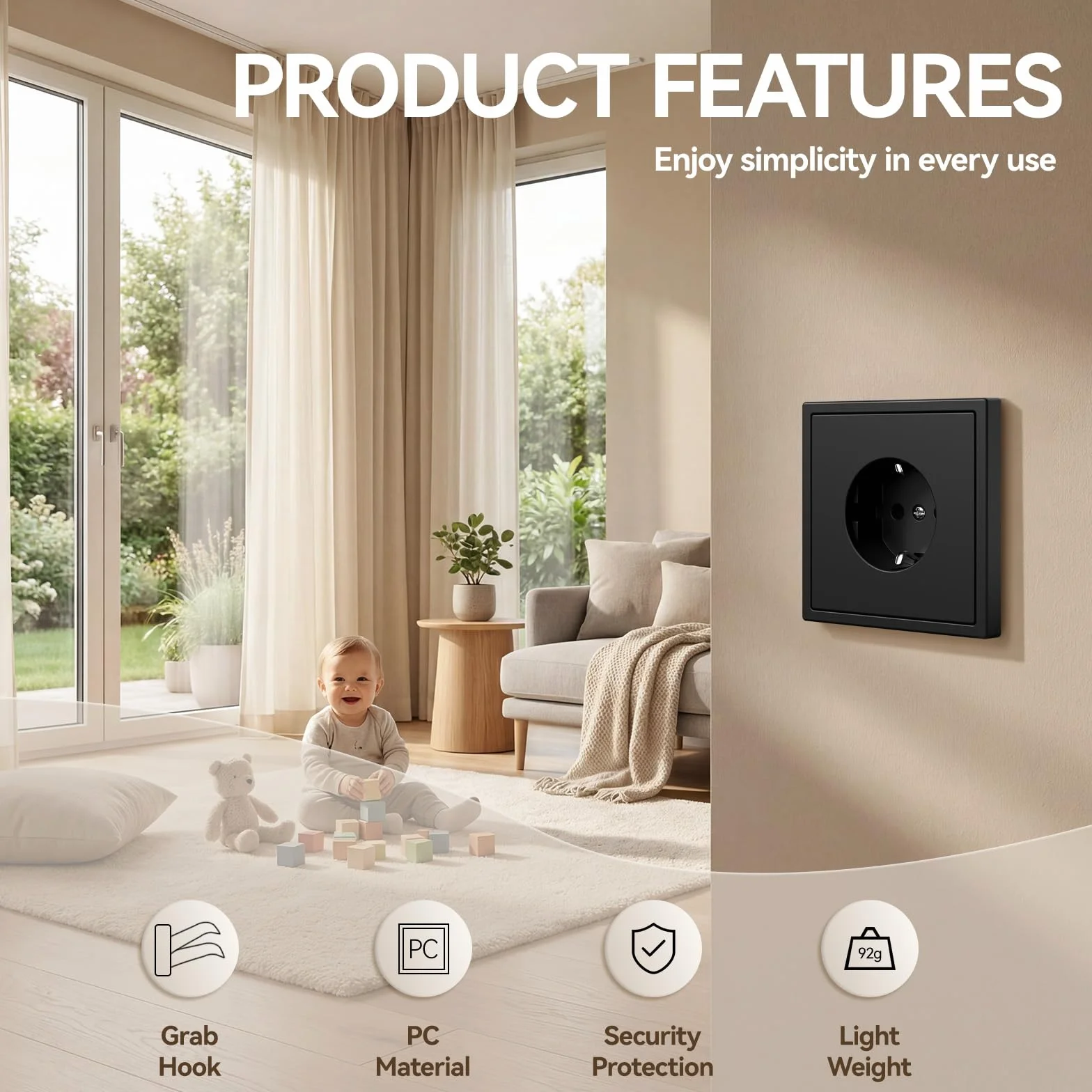 BSEED Enchufe de Pared con Garfio,Mate Enchufes Empotrable Estándar,Seguridad Infantil,Fácil Instalación,C-Series,1 Enchufe,80mm Negro