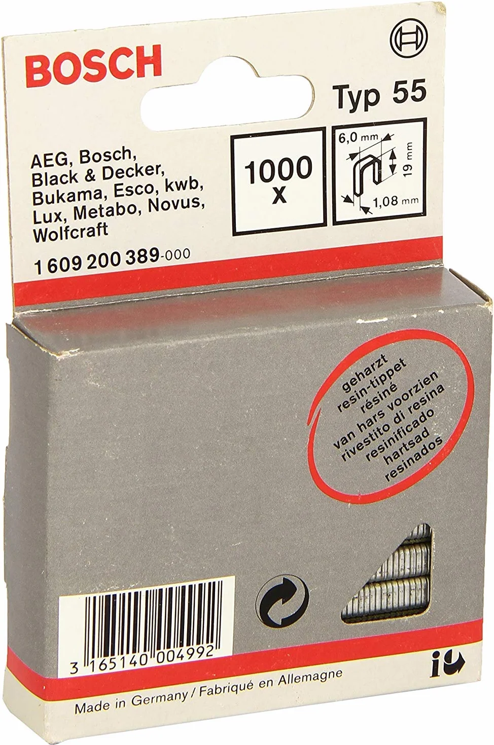 Bosch 1000x Grapas con lomo estrecho, recubiertas con resina, tipo 55 (Longitud 19 mm, Professional Accesorios Grapadora a batería, Grabadora de mano)