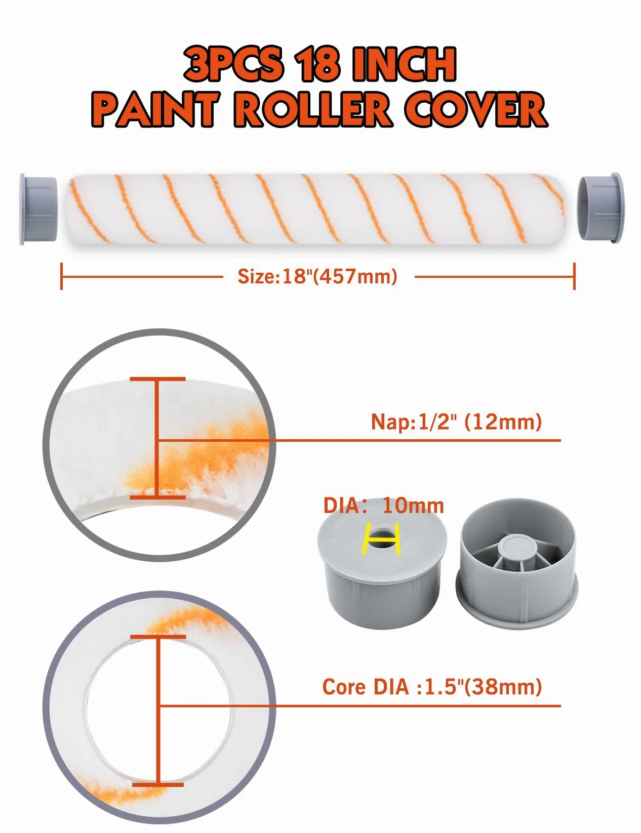 ROLLINGDOG Fundas para rodillo de pintura de 18 pulgadas, paquete de 3 fundas de rodillo de poliéster de 1/2 pulgada para paredes, techos, suelos y cubiertas, sin pelusas, lavables y reutilizables