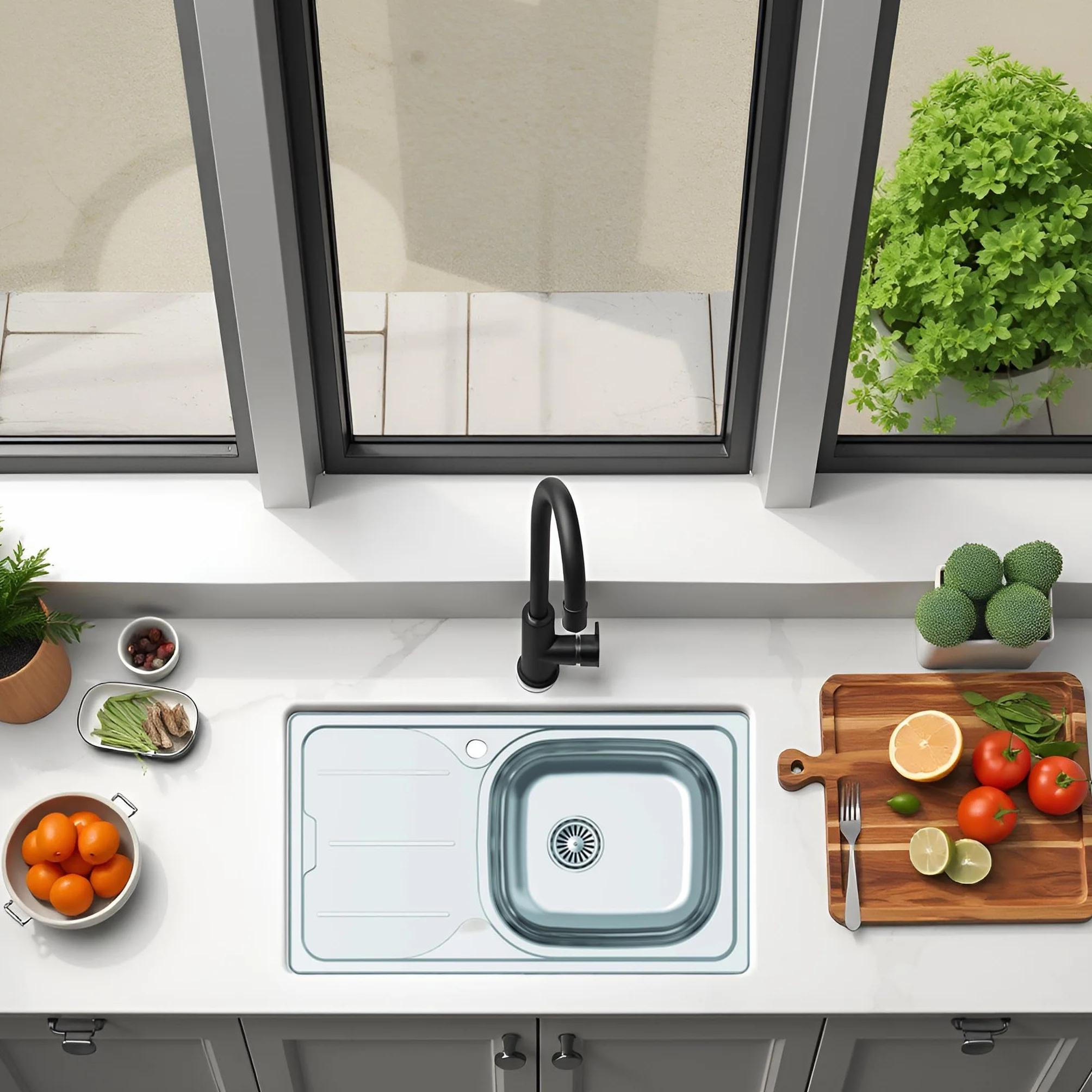 CATA Fregadero CDS-1 EI/A Cubeta Cuadrada Escurridor Instalación Mueble 45 CM Base Fonoabsorbente Acero Inoxidable Válvula Canasta Acabado Inox