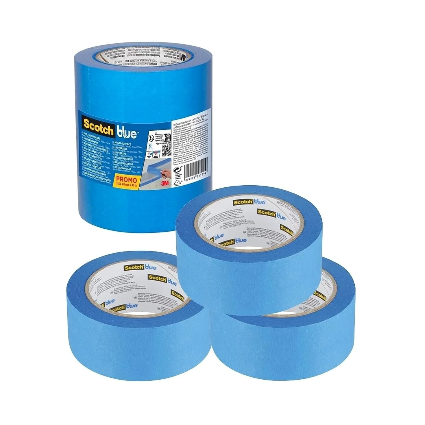 ScotchBlue Cinta de Enmascarar Multisuperficie, 3 Rollos (48 mm x 41 m) Cinta de Pintor Azul Scotch para Pintar y Decorar, Interior y Exterior, 100% PEFC