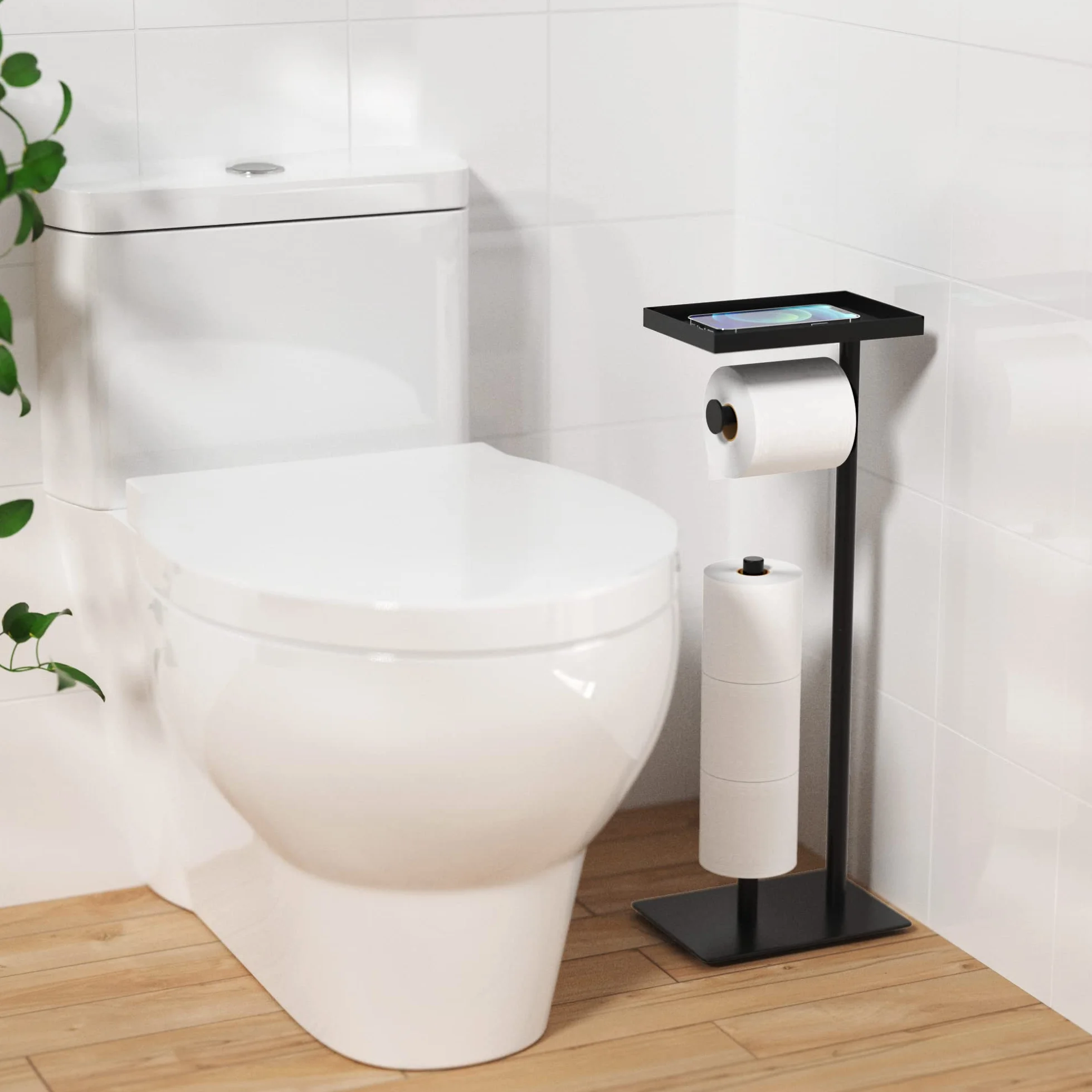 Susswiff Portarrollos de Papel higiénico Independiente con Estante de Almacenamiento Superior, Soporte de Papel higiénico Negro, Almacenamiento de 4 Rollos de Reserva