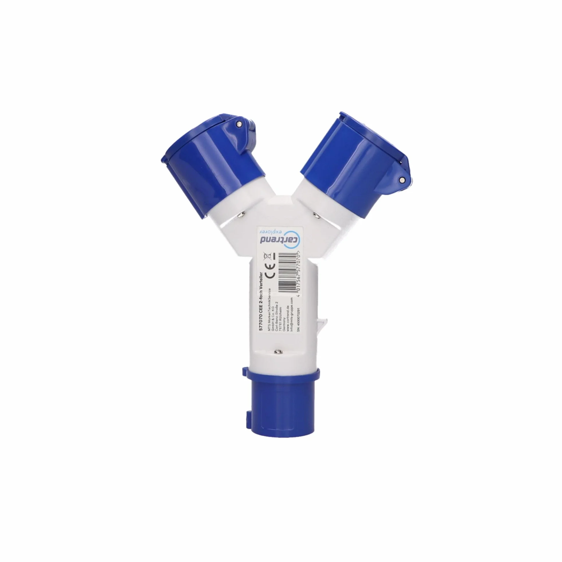 cartrend Explorer - Distribuidor múltiple CEE con 1 enchufe CEE y 2 acopladores CEE con tapa abatible, apto para voltajes de 220 – 250 V, 16 A, 50/60 Hz, para caravanas y caravanas, IP44, color azul y