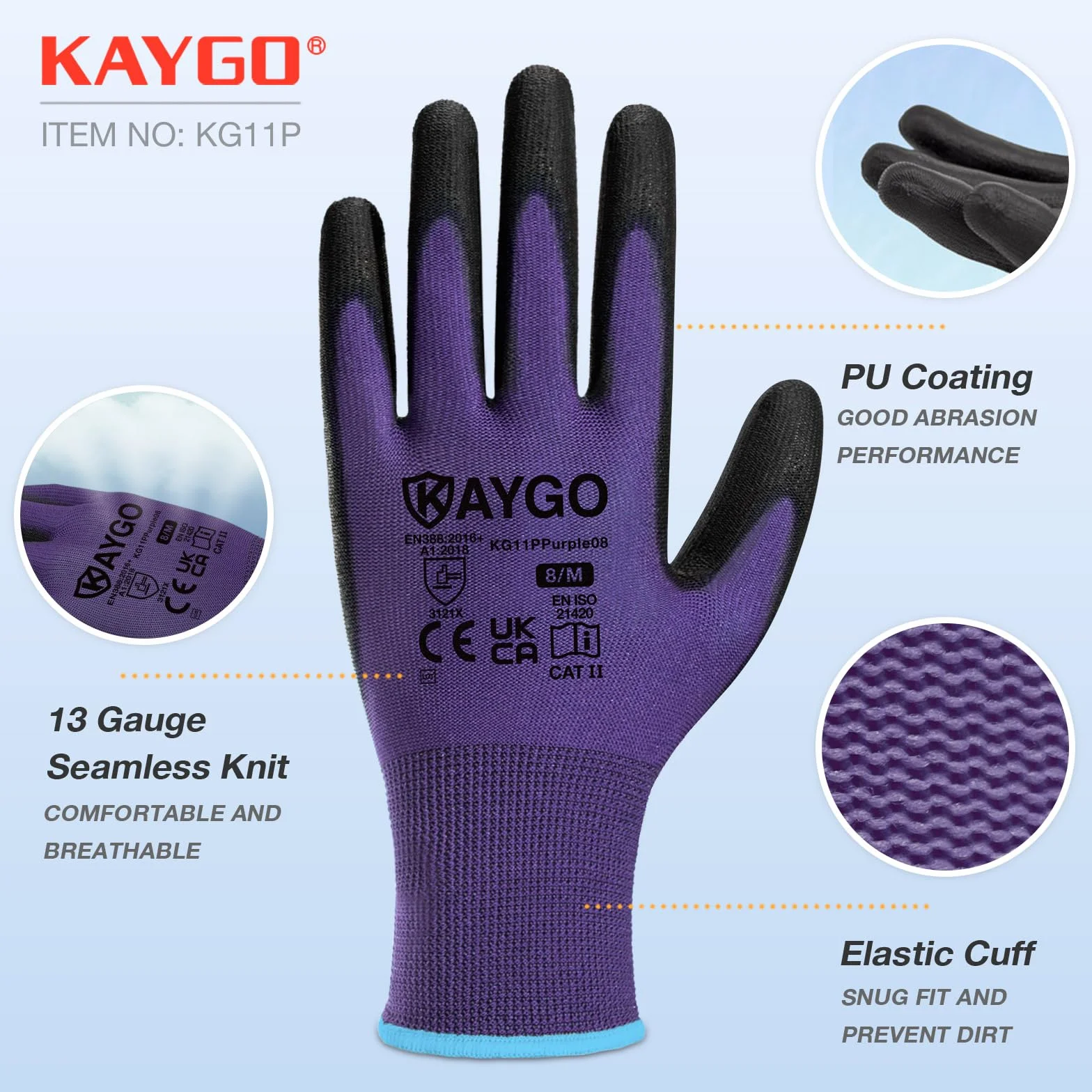 KAYGO 12 pares de guantes de trabajo para hombres y mujeres, guantes de protección recubiertos de PU, agarre antideslizante en palmas y dedos, adecuados para trabajos generales (Morado, S, talla 7)