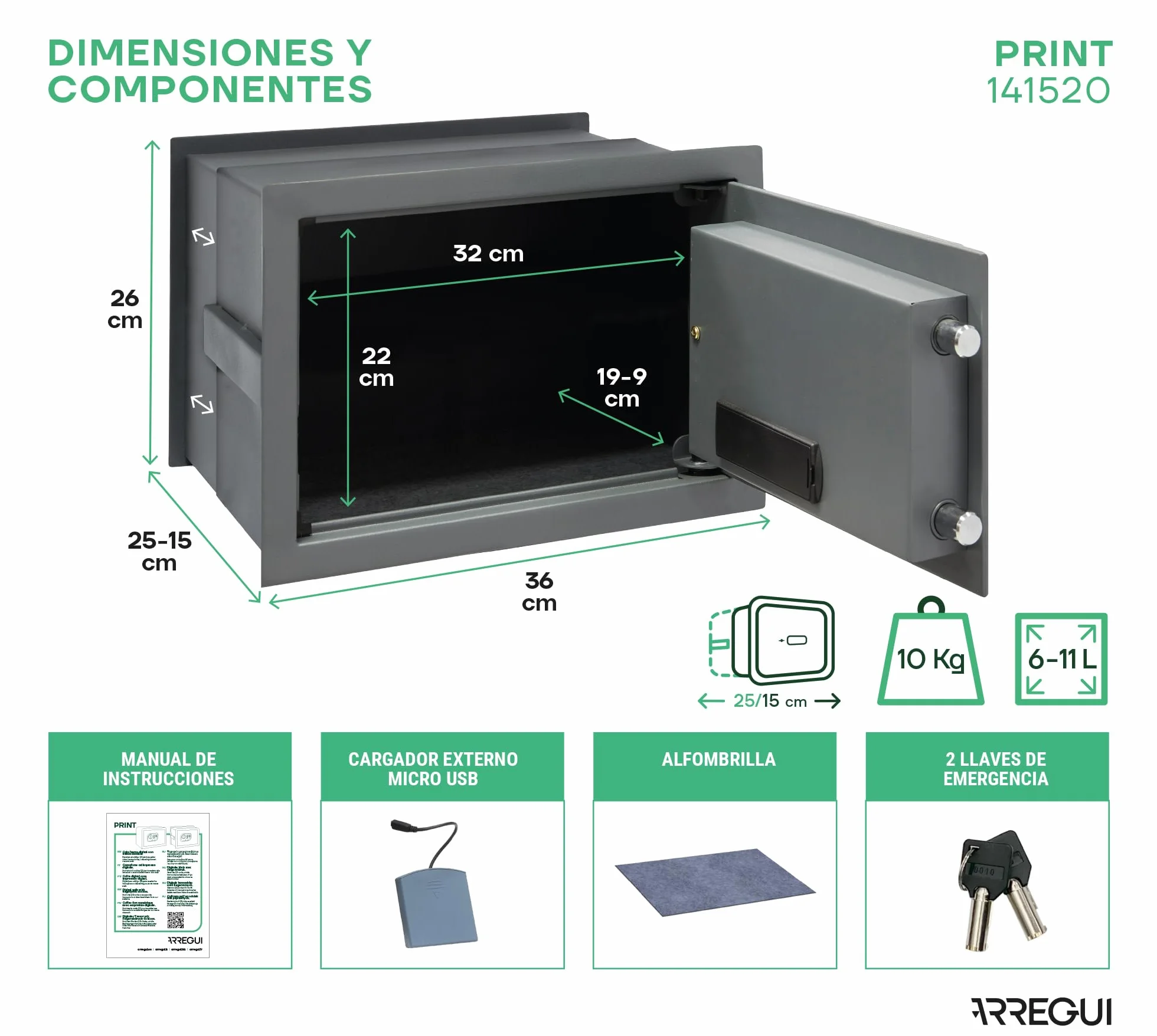 ARREGUI Print 141520 Caja fuerte de empotrar a pared con apertura huella dactilar o código, seguridad biométrica, Fundo extensible 26x35x15/25 cm