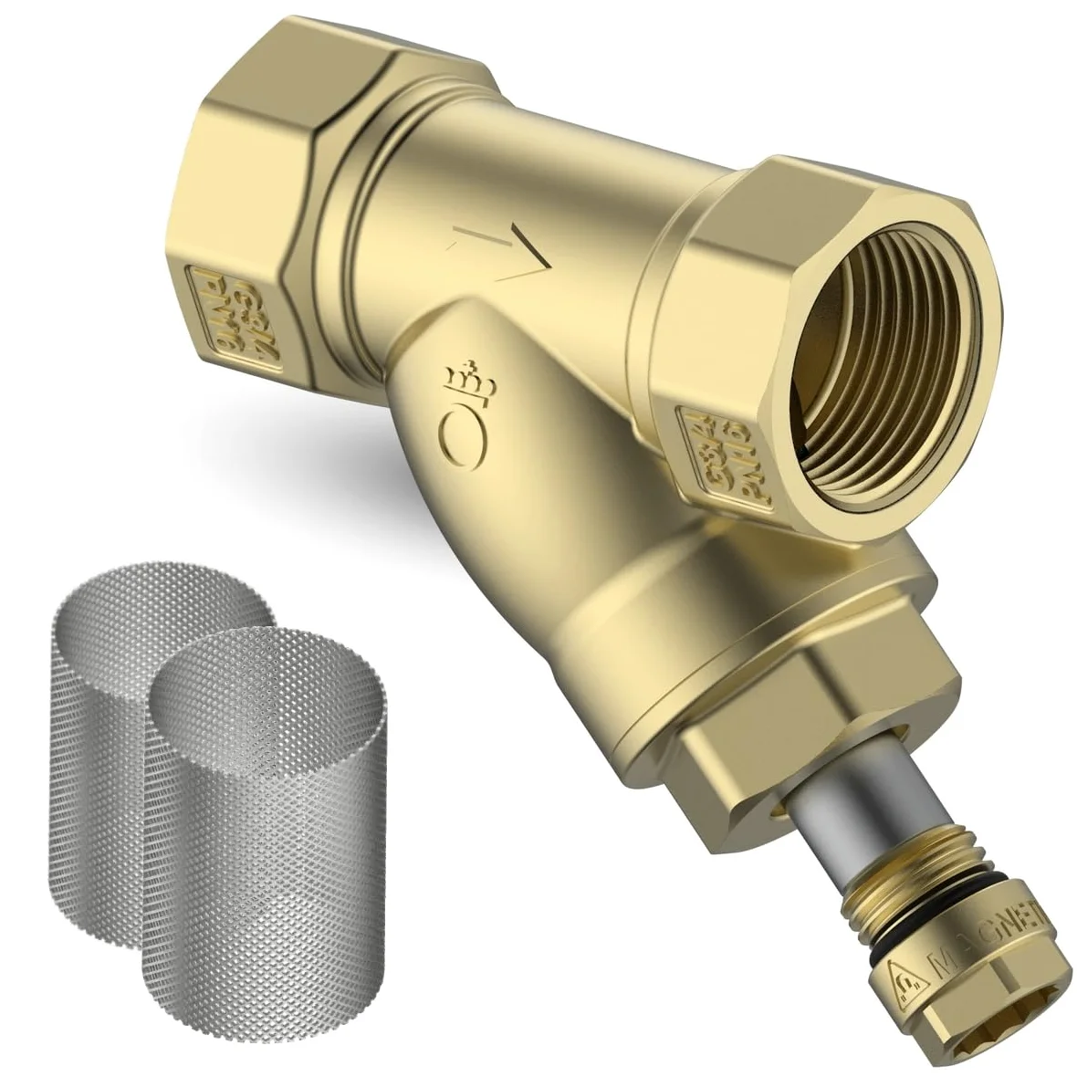 FERDOM FD432 FAST Filtro Y Magnético 3/4" Para Calefacción Central, Bombas De Calor Y Agua. Con Filtro De Suciedad. Cuerpo De Latón. Imán 6000Gs, Malla 500μm. Malla Extra !!! Montaje simple.