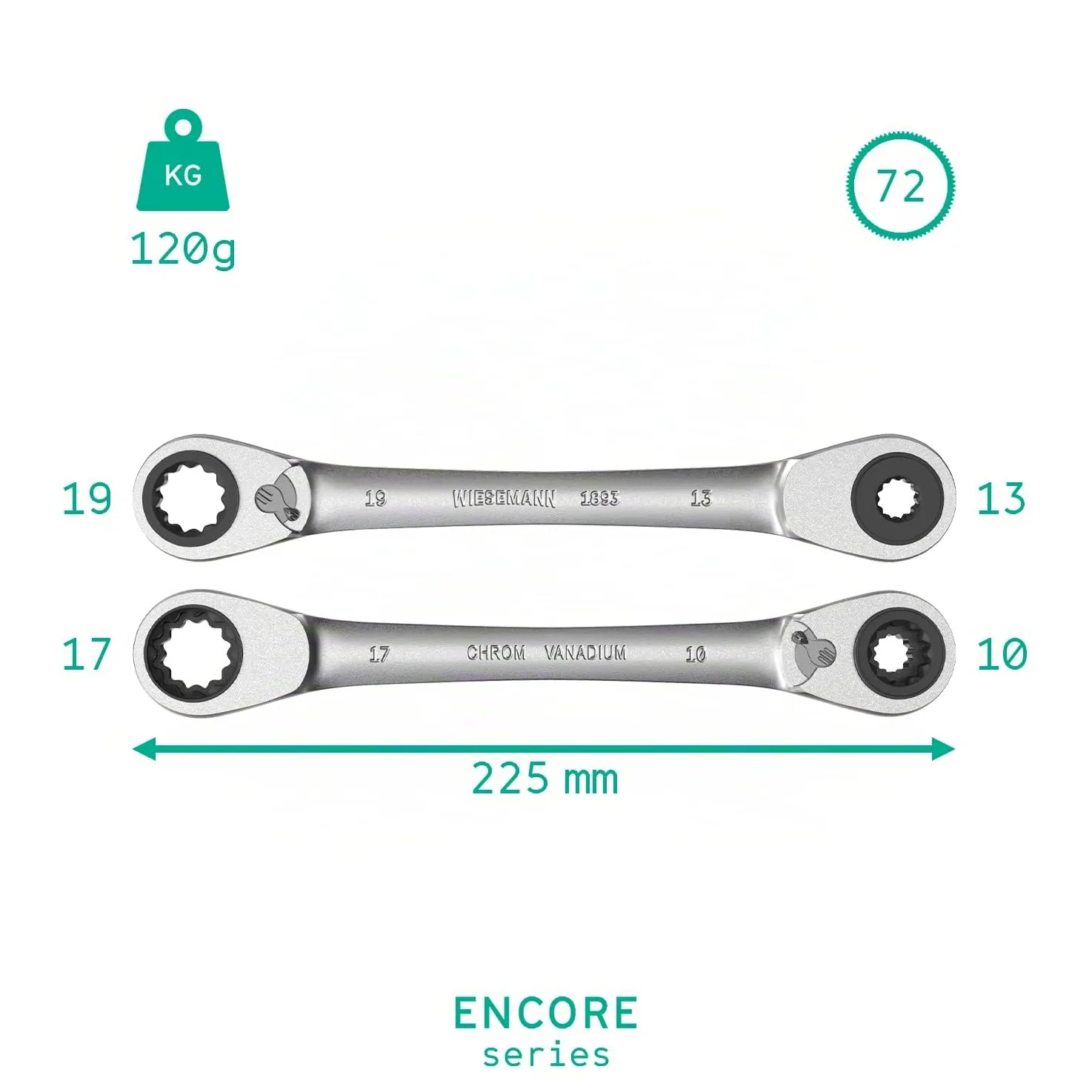 WIESEMANN 1893 Llave de carraca de doble anillo 4 en 1 con los tamaños 10, 13, 17, 19mm y 72 dientes de acero al cromado vanadium CV I Llave de tuerca doble I 81031