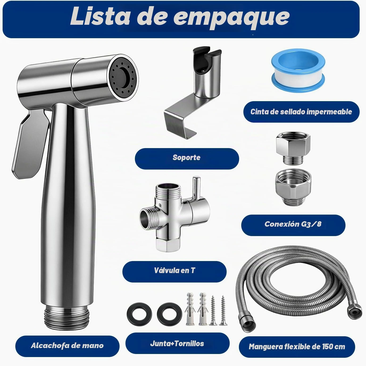 Set de Ducha Bidé de Mano, Pulverizador de Bidé de Mano con Válvula en T G1/2" y Adaptador de Inodoro G3/8", Manguera de 150 cm, Cabezal de Ducha para Pañales y Baño de Mascotas