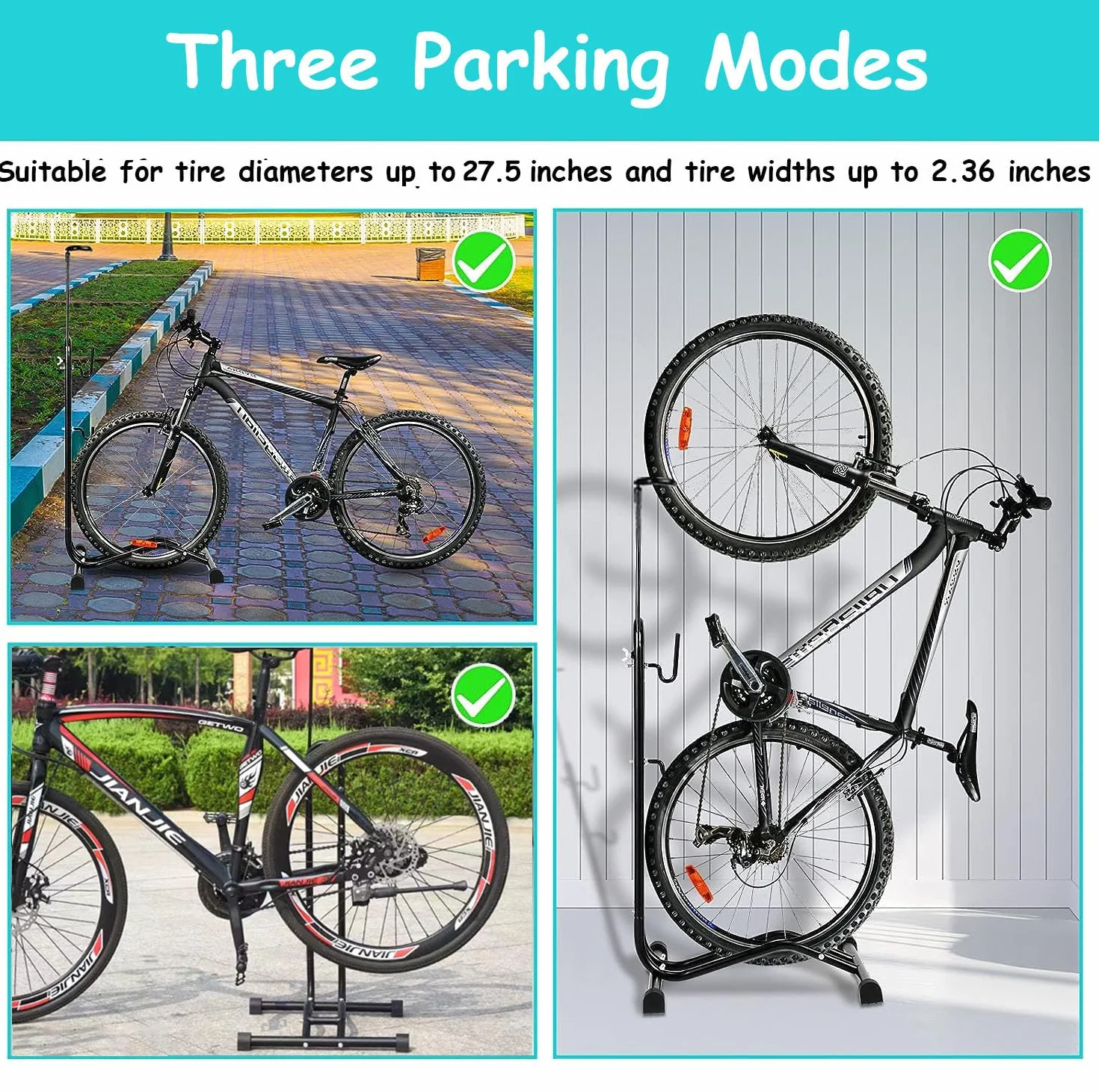 Soporte de suelo 3 en 1 para bicicleta, vertical, ahorro de espacio, para bicicleta de montaña y carretera