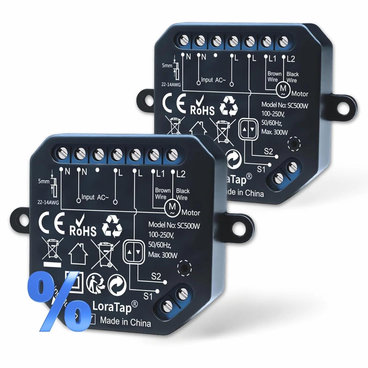 LoraTap Interruptor Persiana WiFi 2 Unidades: Apertura 0–100% con App | Apertura precisa sin parada manual – Grupos – Horarios – Control por voz – Sin hub – Conserva interruptor – AC 4 hilos 300W