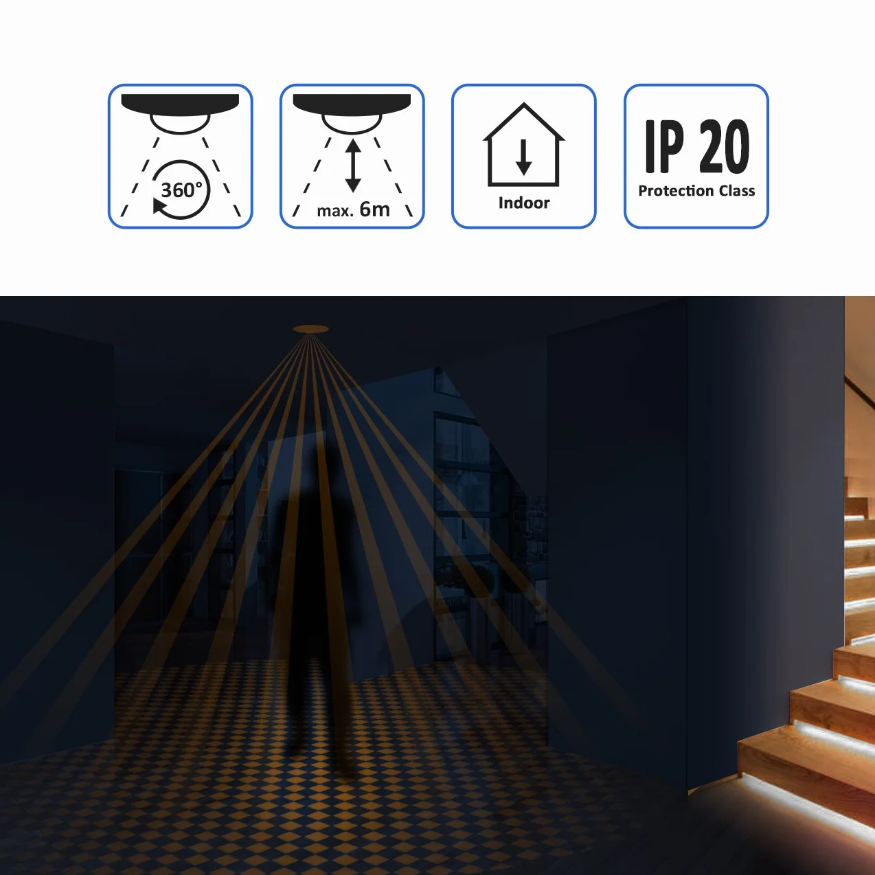 deleyCON 4X Infrarrojos Detector de Movimiento Empotrado 360° 6m Sensor de Luz Blanco