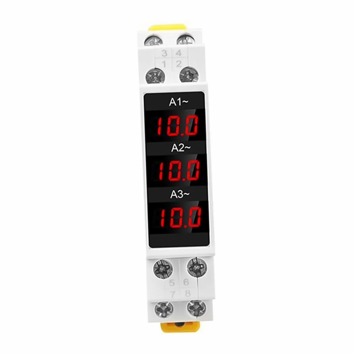 Amperímetro digital trifásico para carril DIN, de alta precisión con 3 sensores (AC80-500V, 1-100A) y seguimiento de mediciones.