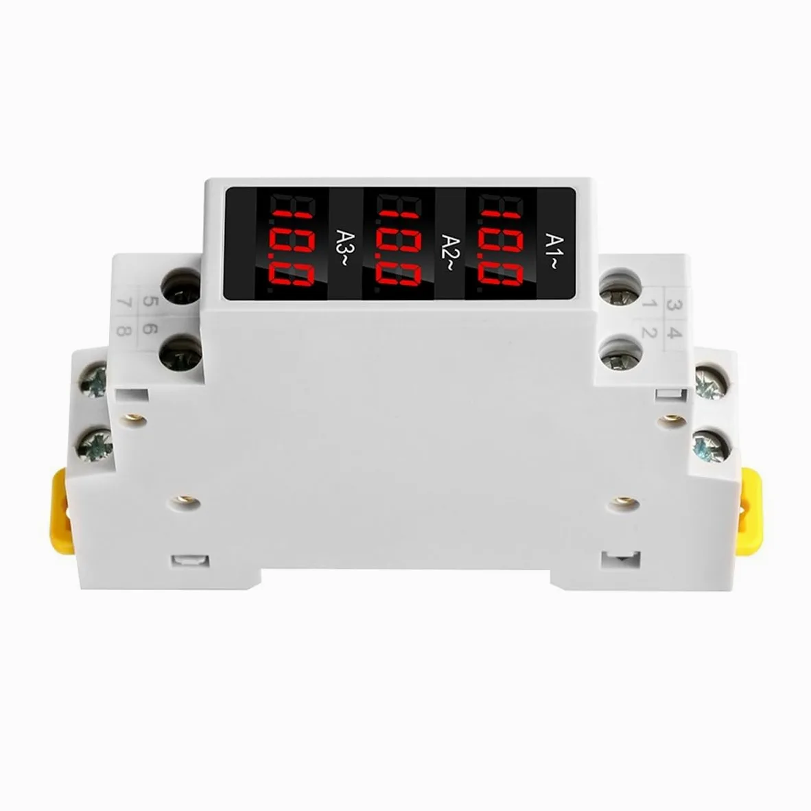 Amperímetro digital trifásico para carril DIN, de alta precisión con 3 sensores (AC80-500V, 1-100A) y seguimiento de mediciones.