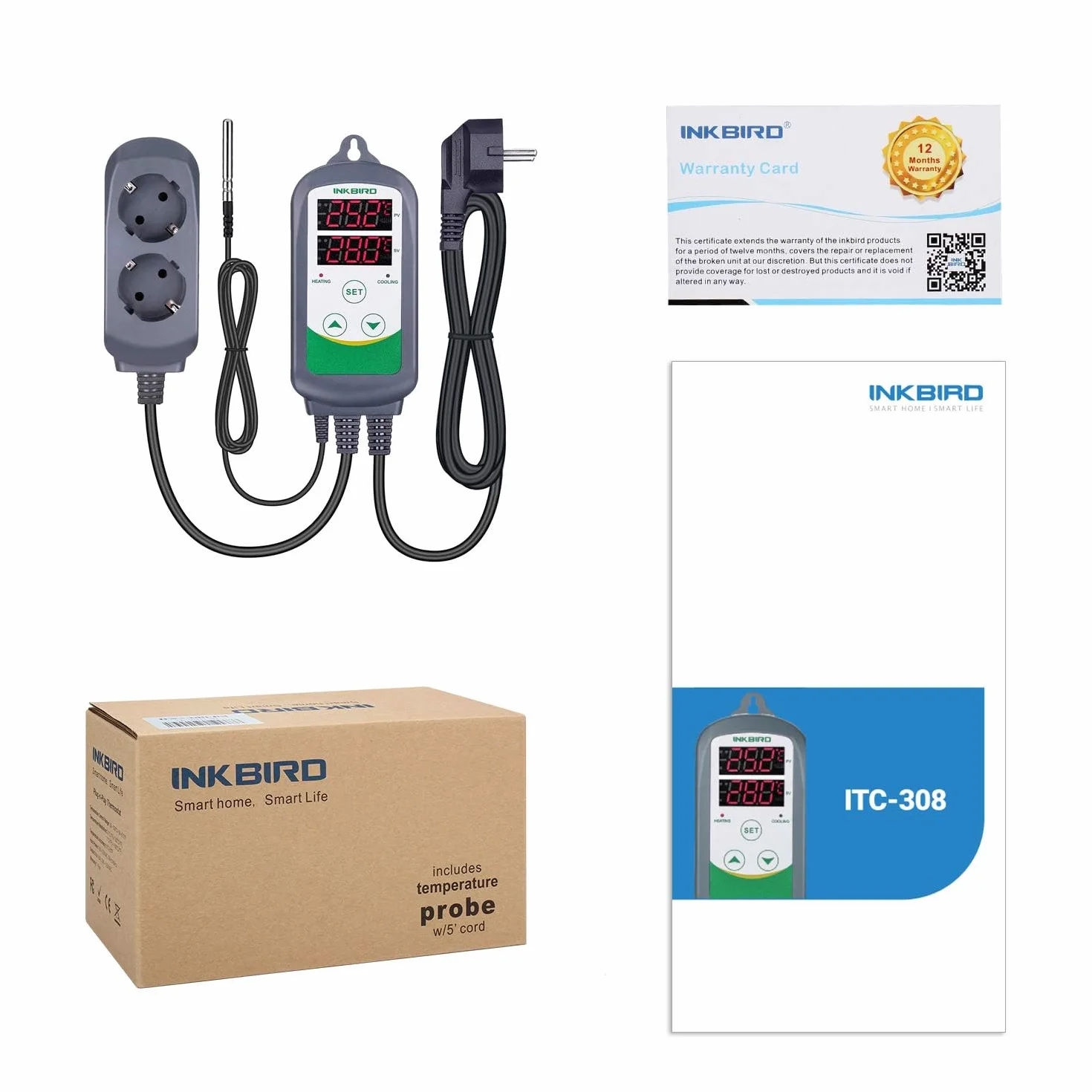 Inkbird ITC-308 Termostato con Sonda Digital,Doble Rele 220v Controlador de Temperatura Refrigeración y Calefaccion Regulador para Calentador Acuario y Peceras,Terrario Incubadoras Reptiles