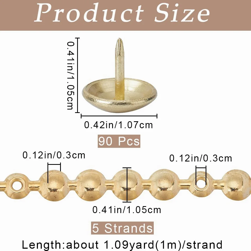 GORGECRAFT 5pz*1m Tiras de Tachuelas para Tapicería 10.5mm Cabeza Redonda de Hierro Metálico Adornos Decorativos Brillantes con 90 Piezas de Clavos para Tapicería Tachuelas Sueltas Combinadas Dorado
