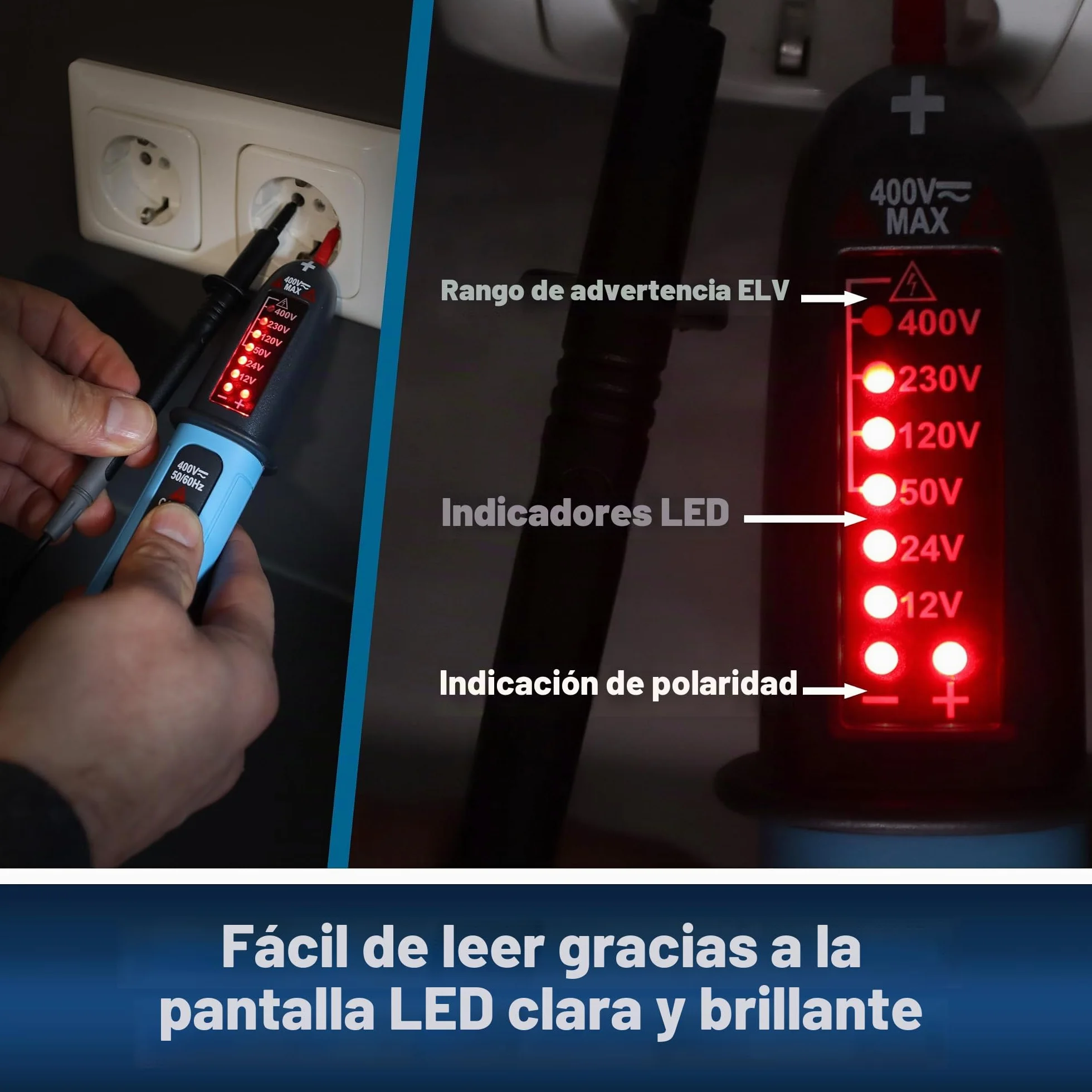 PeakTech P1094 Comprobador de tensión digital bipolar CA/CC 12V-400V Voltímetro con pantalla LED