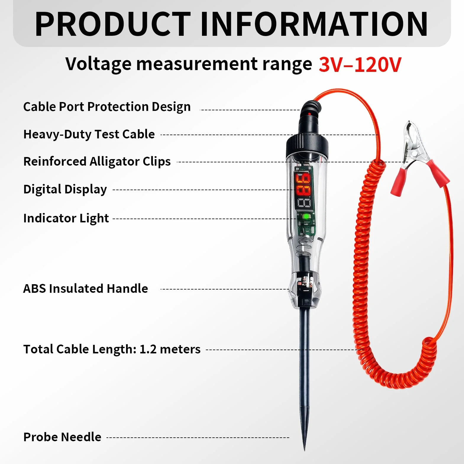 Probador de Circuito Automotriz Digital 3-120V DC Comprobador de Fusibles con Pantalla LED