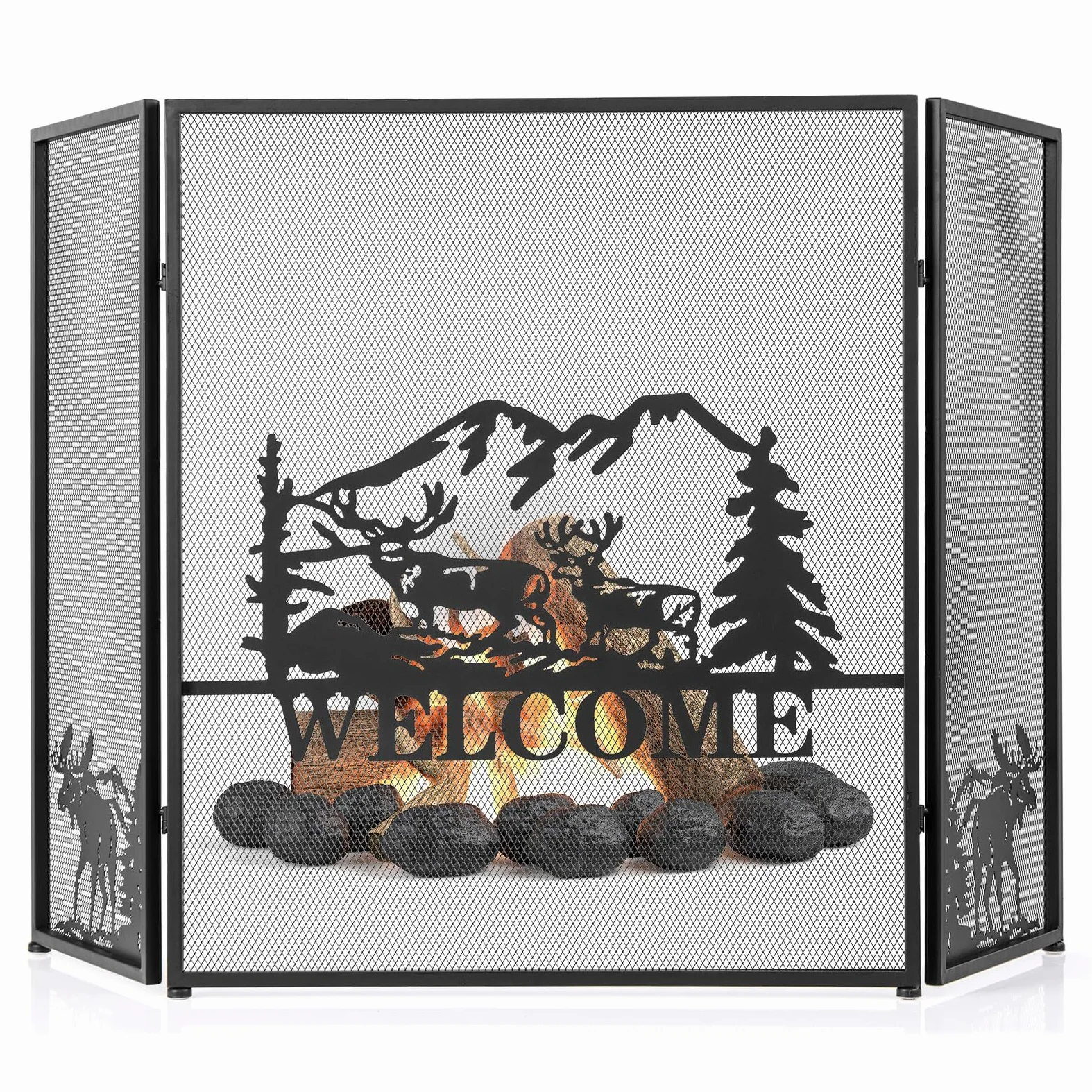 GIANTEX Pantalla de Chimenea Plegable con 3 Paneles, 132 x 79 cm, Salvachispas Chimenea de Metal para Aislamiento de Chispas y Cenizas, Rejilla Protector de Chimenea para Niños y Mascotas (Welcome)