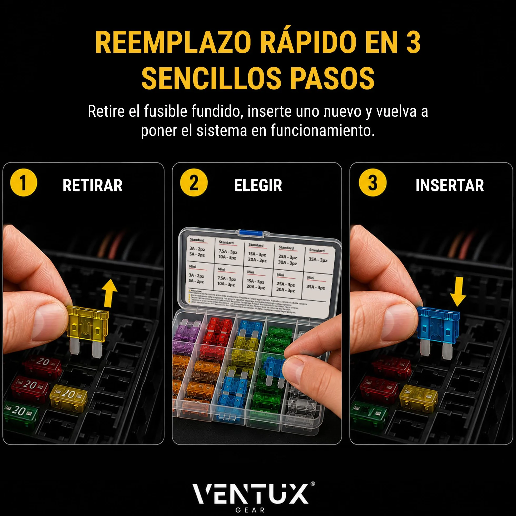 Fusibles de Cuchilla Tipo Europeo Kit 50 Piezas Surtido Mini y Estándar 3A-35A 12V 24V