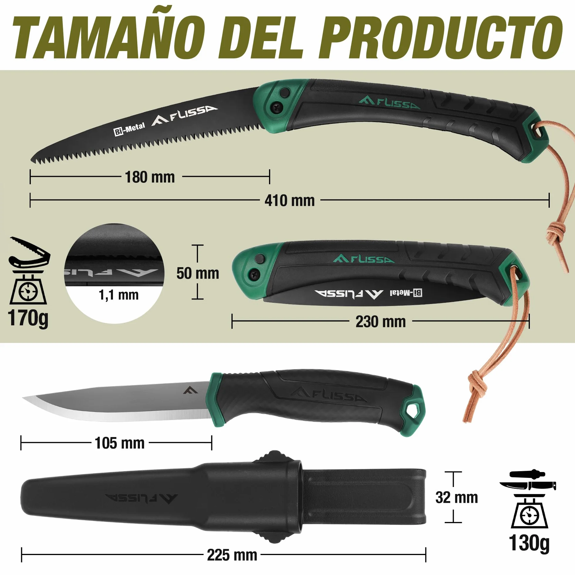FLISSA Juego de Sierra Plegable y Navaja con Funda para Jardinería
