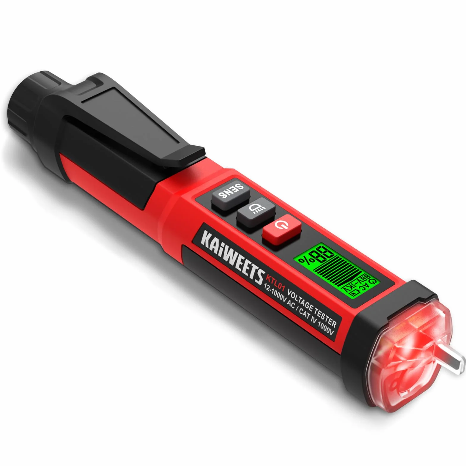 KAIWEETS Detector de Voltaje NCV 12-1000V AC Probador con Pantalla LCD Indicador Señal Alarma Sonora Linterna LED Buscapolos Eléctrico ETL CAT IV