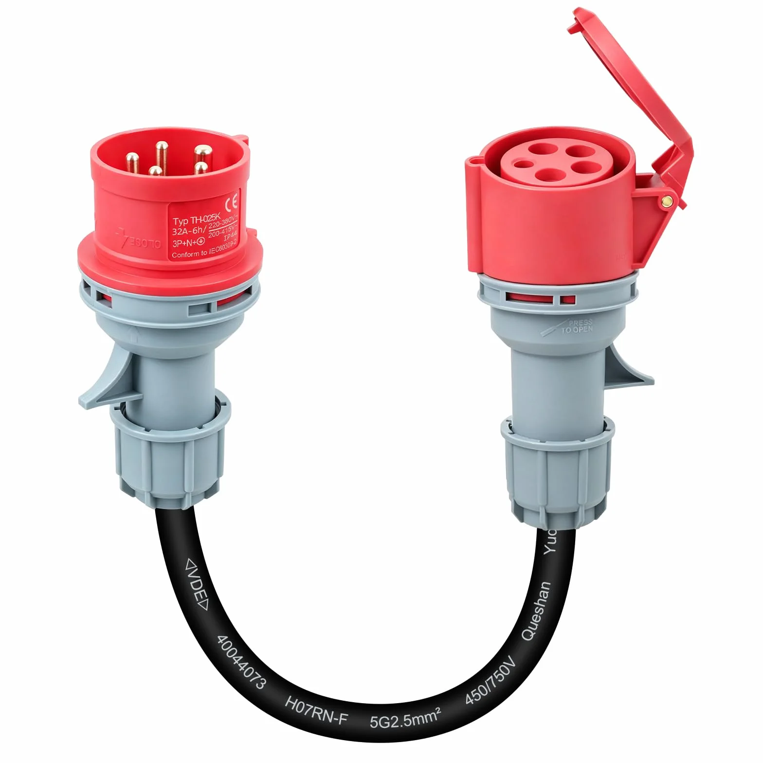 Adapter 32A a 16A, CEE Adapter 32A Stecker auf 16A Kupplung, Starkstrom Adapter 3 Fases con VED 0,5m, Núcleo de cobre 5x2,5mm², 415V máx, IP44 para industria, hogar y carga de vehículos eléctricos