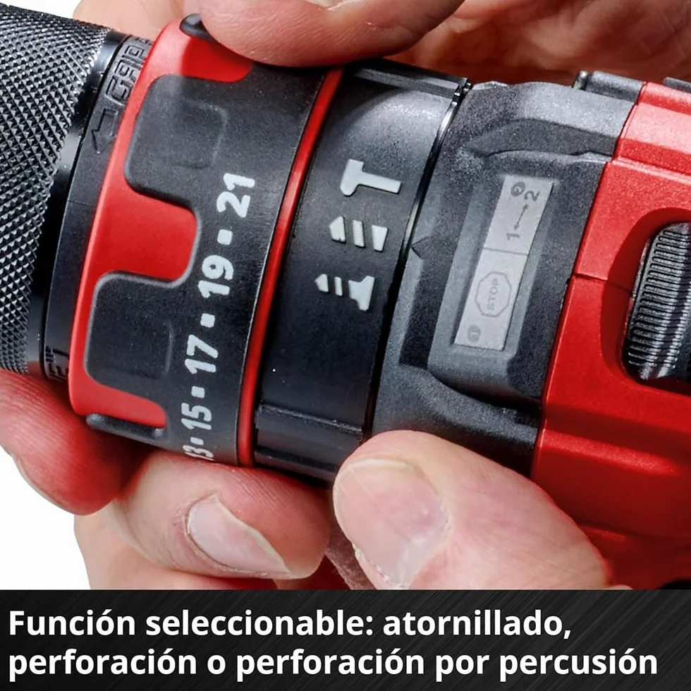 Einhell Taladro percutor con batería TE-CD 18/44 Li-i Power X-Change (18V, 44 Nm, función de perforación por percusión, portabrocas metálico de 13 mm, 2 velocidades, incl. batería de 2,5 Ah y batería)