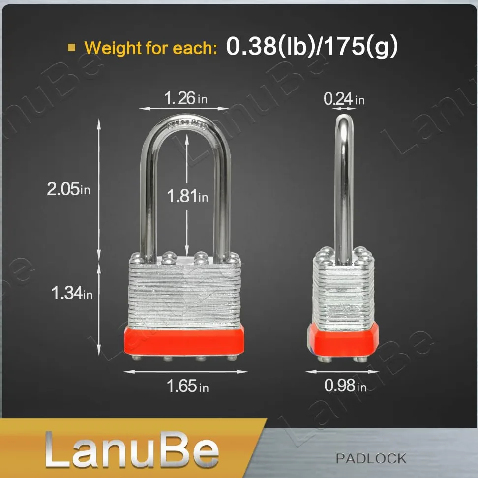LanuBe Candado laminado con llave (1-9/16 pulgadas, 40 mm), cerraduras iguales con llave, grillete largo, aro de plástico naranja marcado, paquete de 120