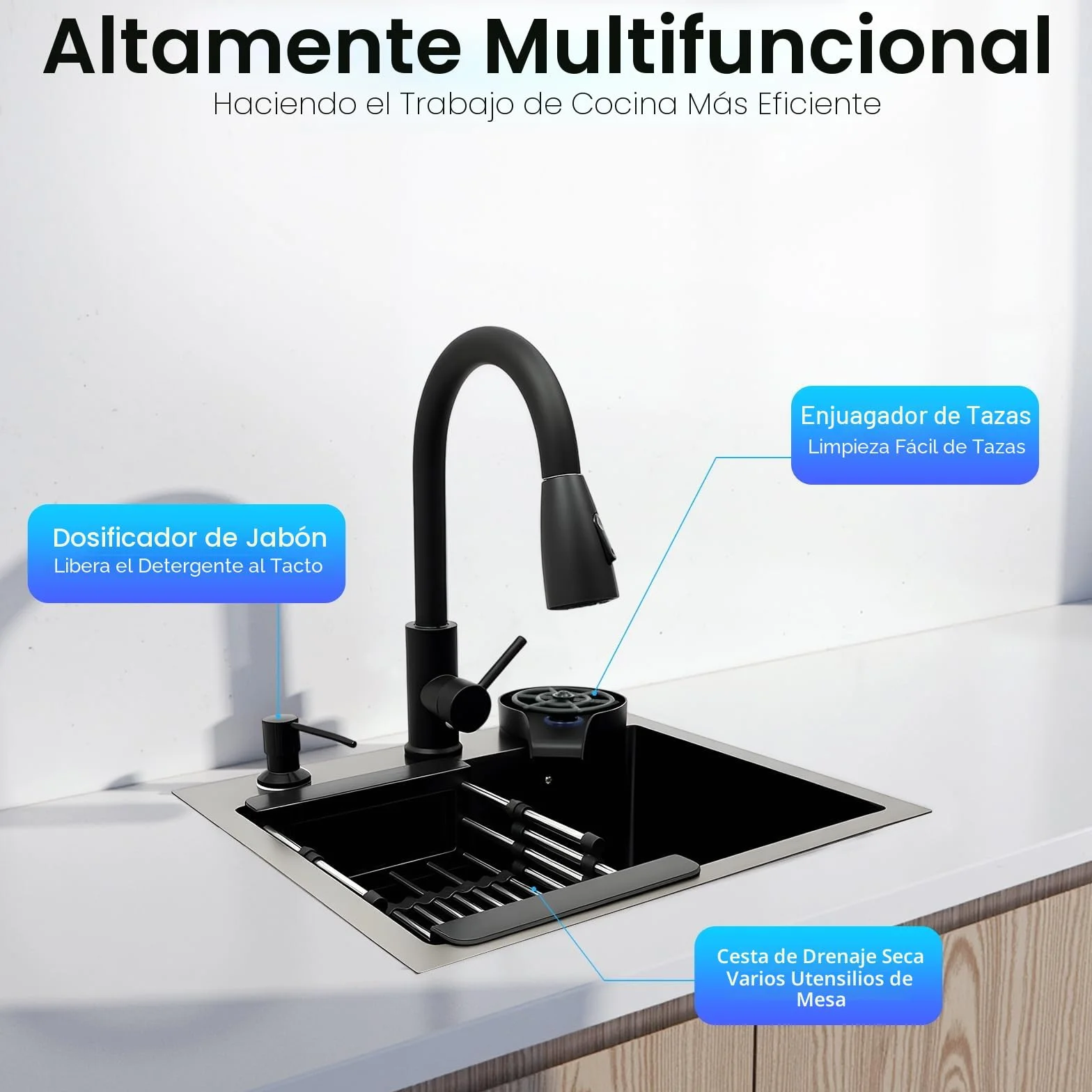 Fregadero de acero inoxidable de 45 x 40 cm, color negro, con grifo extraíble y lavavajillas para tazas, fregadero de cocina multifuncional, 1 lavabo, incluye tubo de drenaje, dispensador de jabón