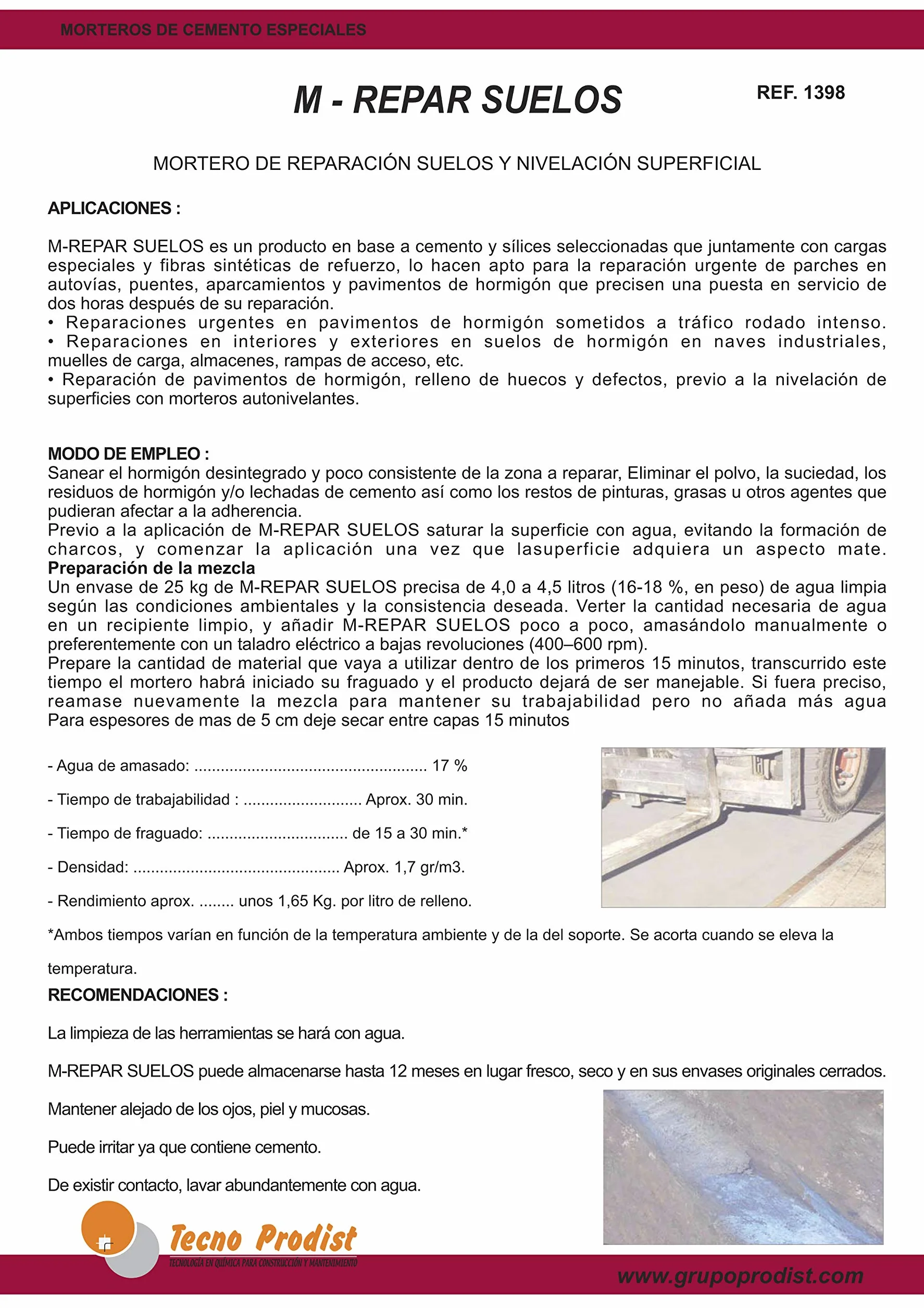 Mortero de reparación suelos hormigón M-REPAR SUELOS Tecno Prodist 5 kg Kit