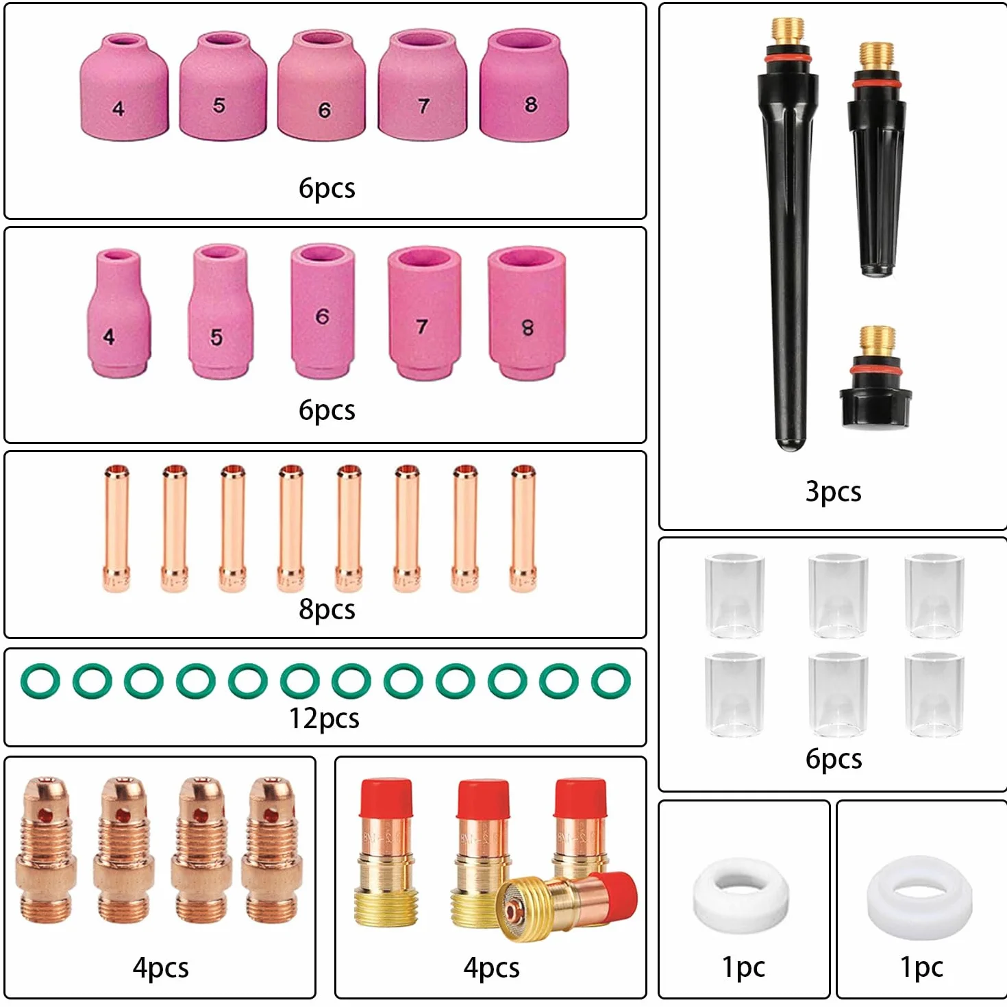 49 Piezas Accesorios de Maquina de Soldar TIG, Soldador TIG AC DC, Antorcha TIG con Lente de Gas, Anillo Silicona, Junta Goma, Cuerpo Pinza, para Soldadura Antorcha Consumibles TIG WP-9/17/18/26