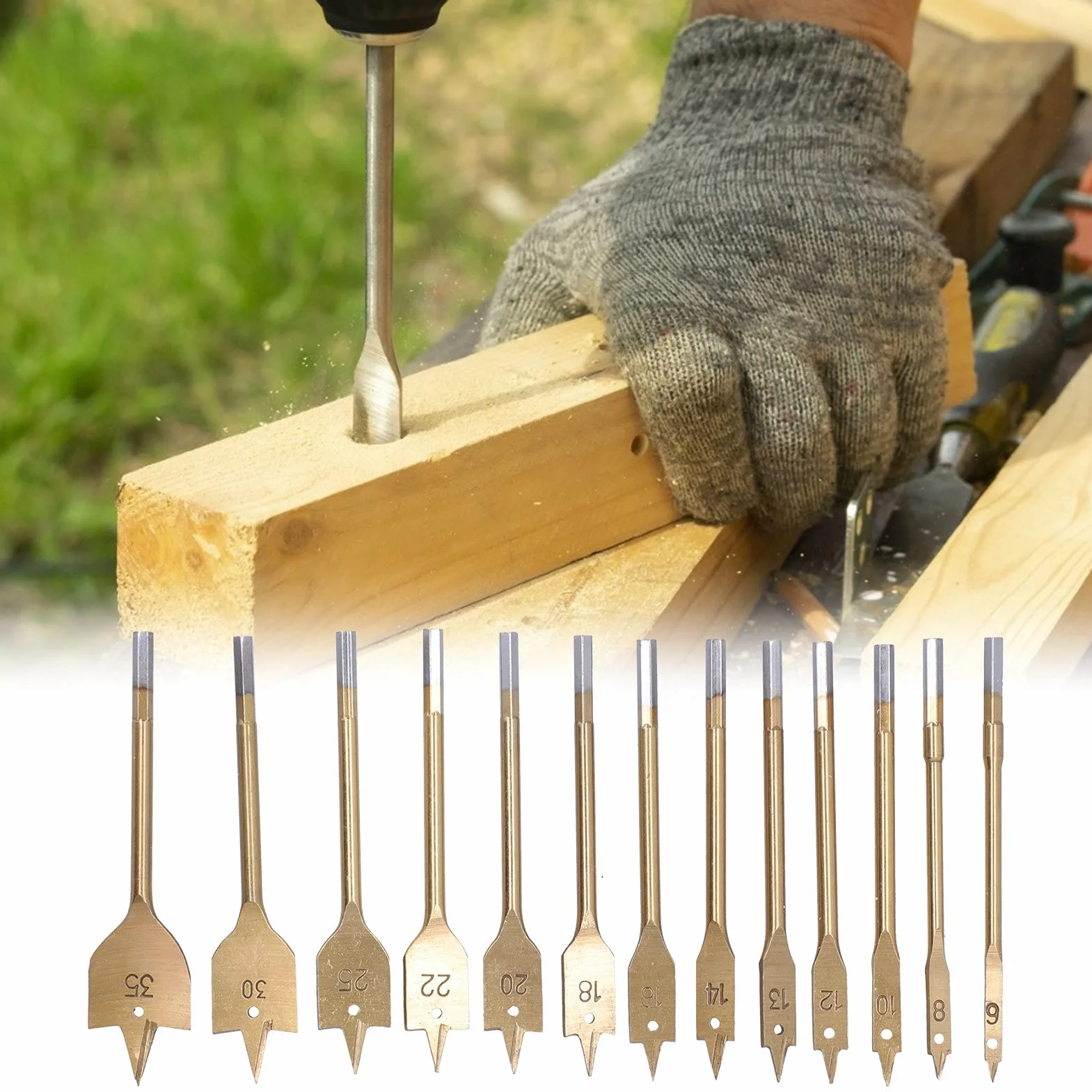 13 piezas de brocas de pala, broca plana de paleta de acero al carbono con revestimiento de titanio de 6-35 MM, juego de brocas de pala de acero al carbono para cortador de agujeros para carpintería