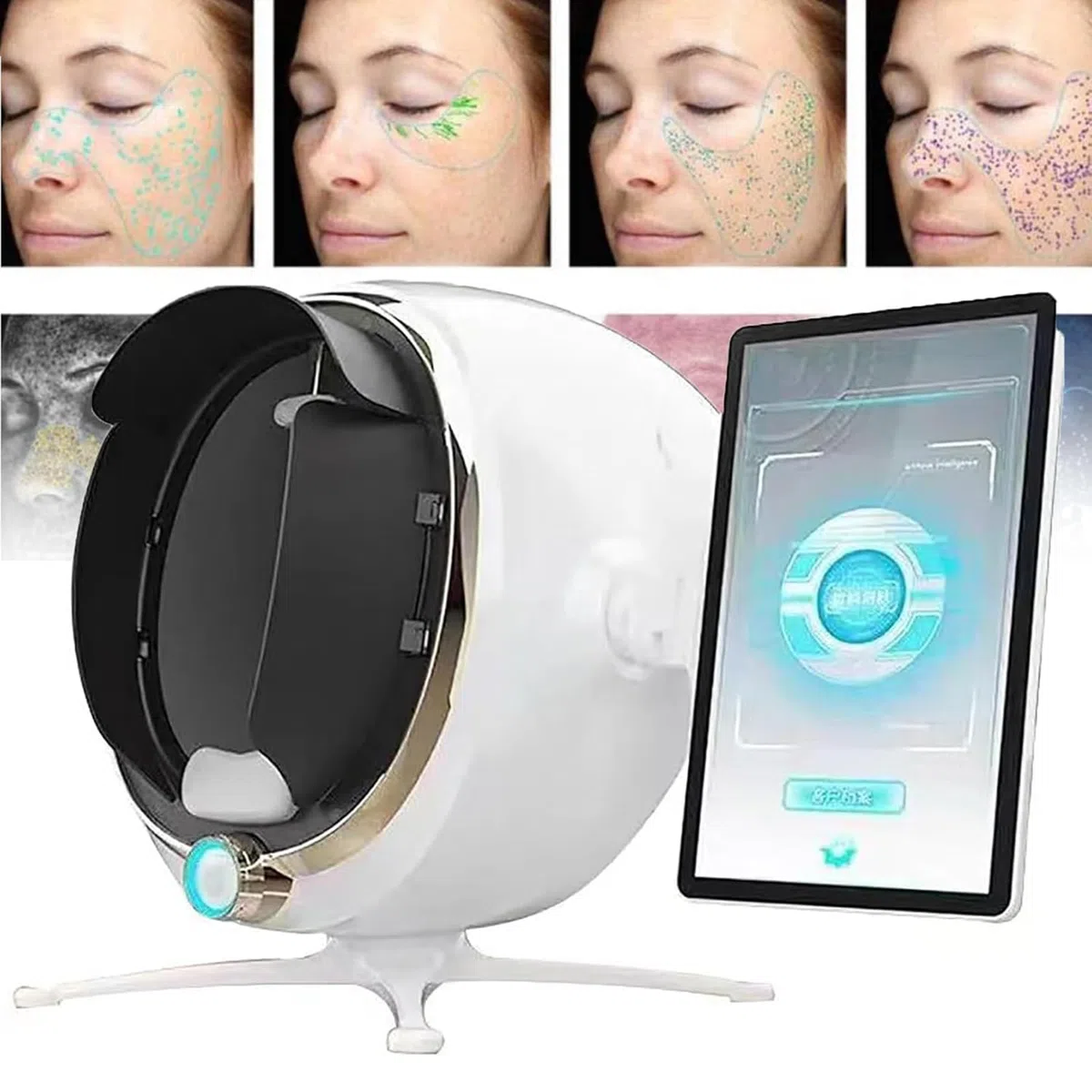 MObyat Analizador Piel 3D, Analizador Humedad Facial Pantalla LCD, 38 Millones Píxeles Alta Definición/8 Espectros/5 Dimensiones/14 Indicadores/Almacenamiento Ilimitado/detección Rápida 10 S
