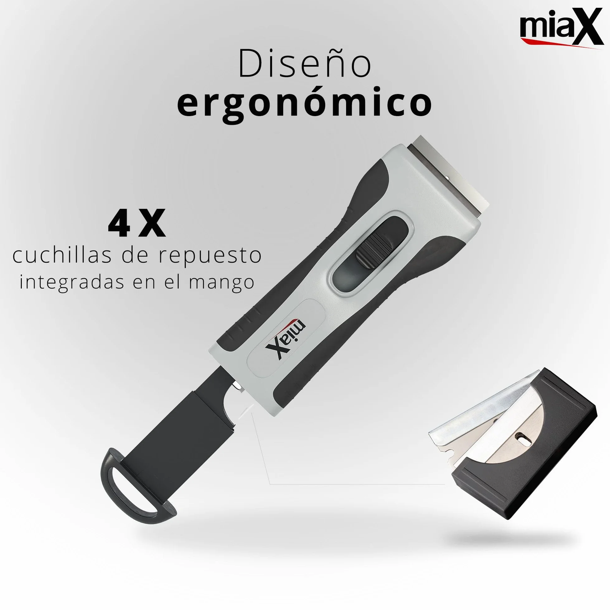 miaX Rasqueta Vitrocerámica Profesional Soft-Touch con Cuchillas Integradas | Rascador para cristal, cocina y hogar, cuchillas de repuesto integradas, agarre cómodo, diseño estable