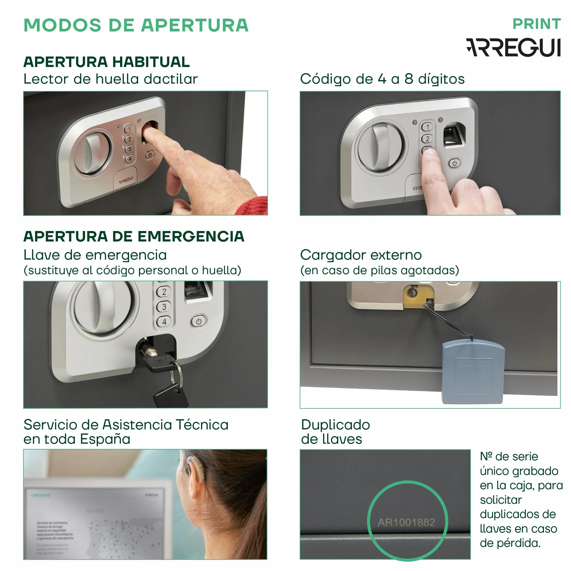 ARREGUI Print 141520 Caja fuerte de empotrar a pared con apertura huella dactilar o código, seguridad biométrica, Fundo extensible 26x35x15/25 cm